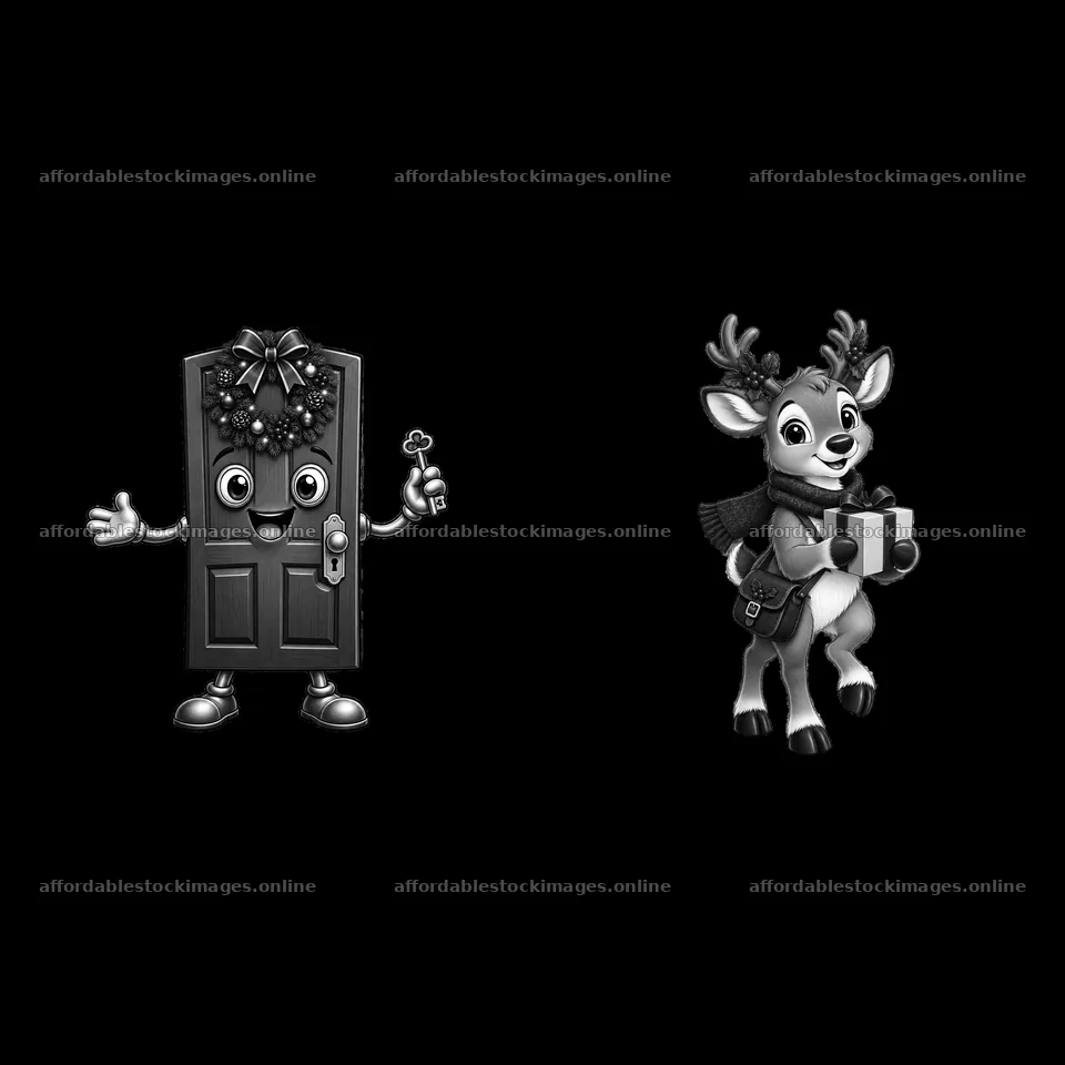 Cartoon door and reindeer characters celebrating Christmas – stock images 7746x7746