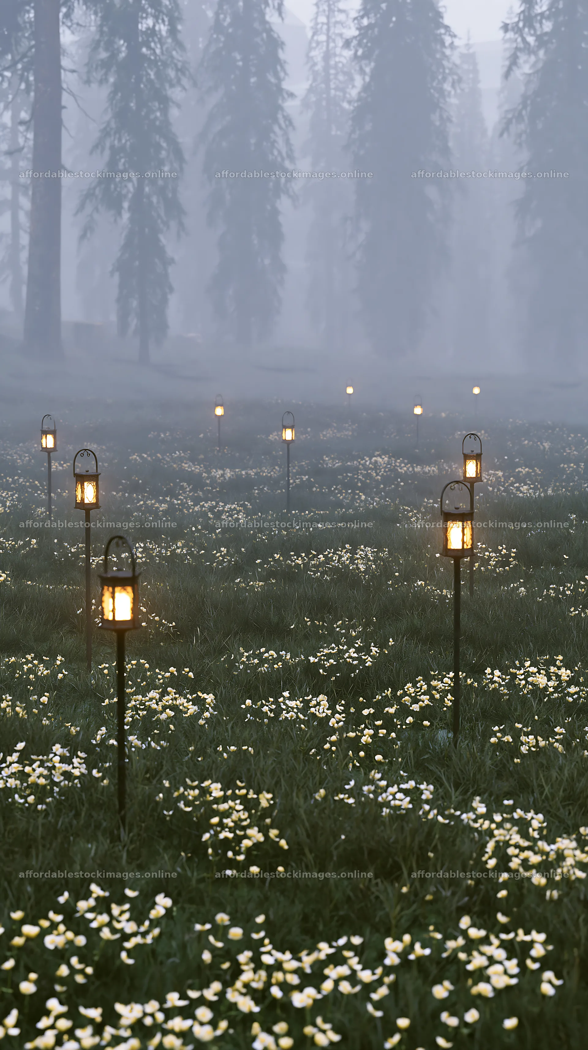 Expansive Christmas meadow with lanterns above a forest – stock images 5938x10608