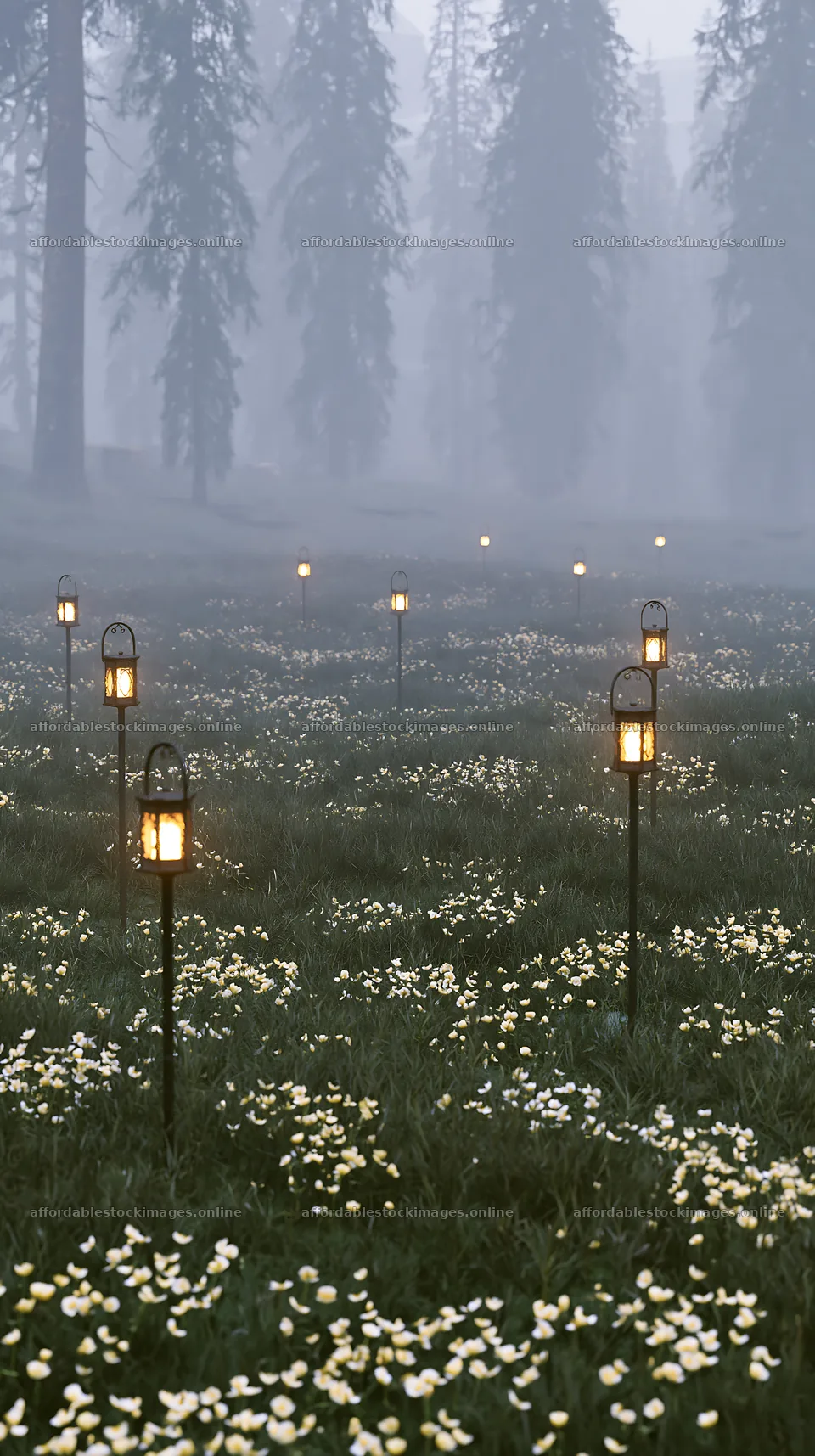 Expansive Christmas meadow with lanterns above a forest – stock images 5938x10608