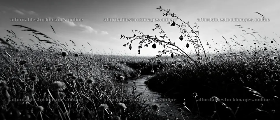 Christmas ornaments above stream in meadow during sunny day – stock images 12094x5210