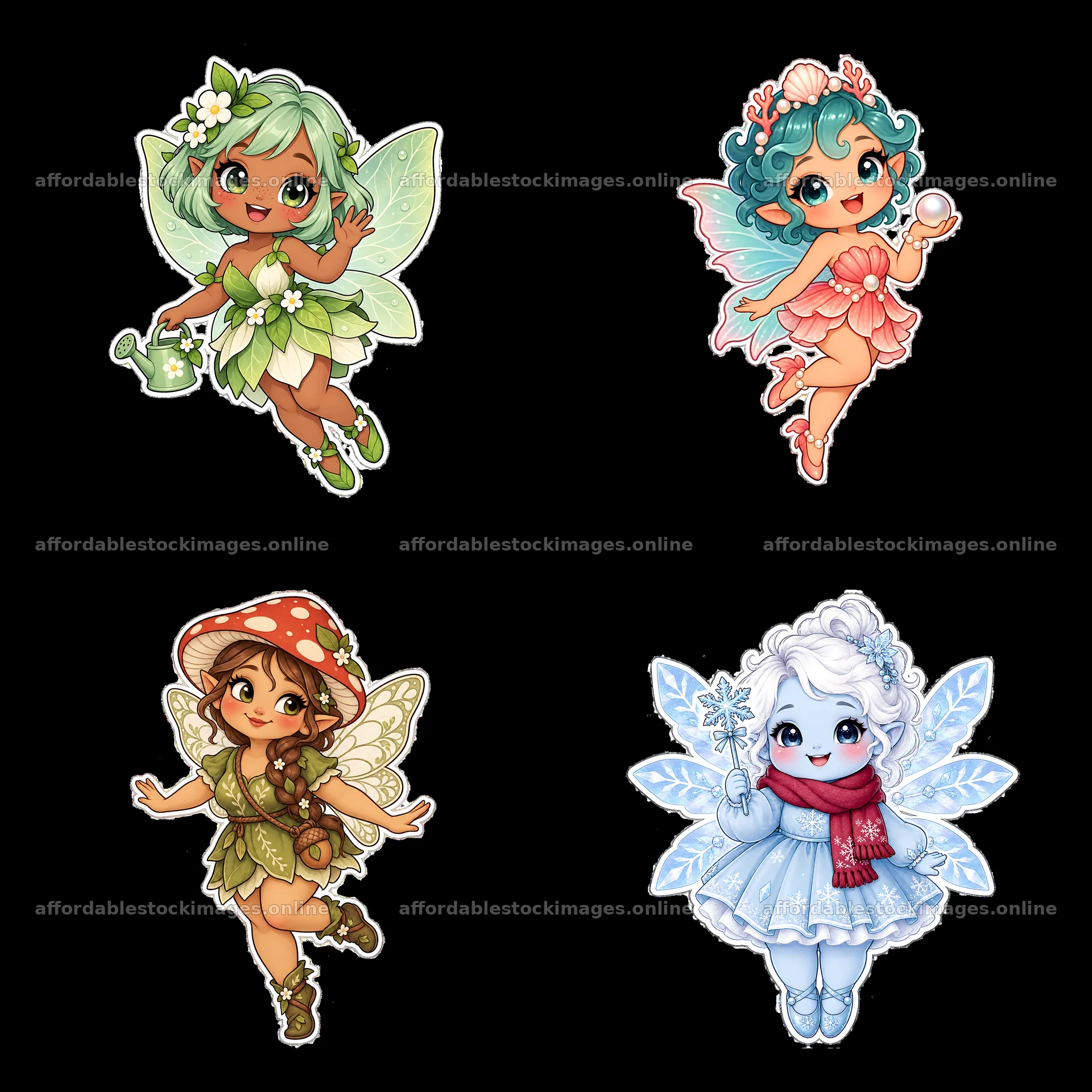 Cute kawaii chubby fairies with unique accessories in four – stock images 7746x7746
