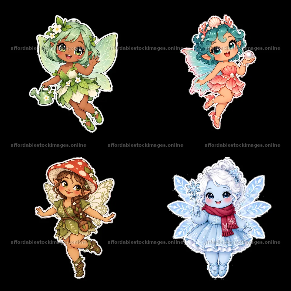 Cute kawaii chubby fairies with unique accessories in four – stock images 7746x7746