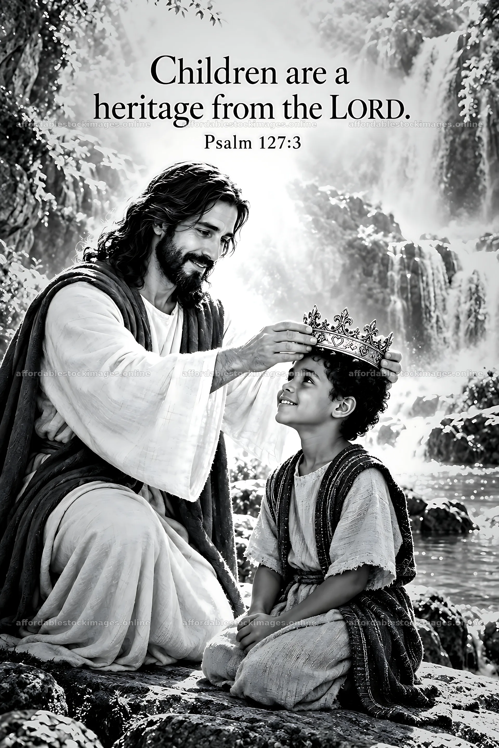 Blessing by the waterfall with jesus and a child – stock images 6480x9722