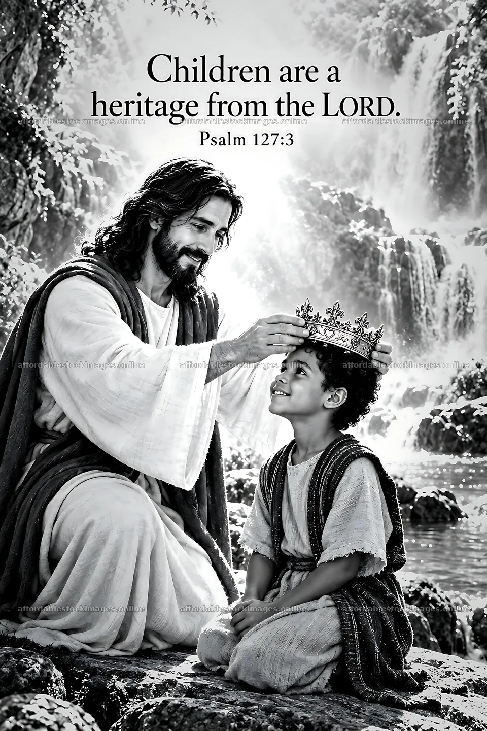 Blessing by the waterfall with jesus and a child – stock images 6480x9722