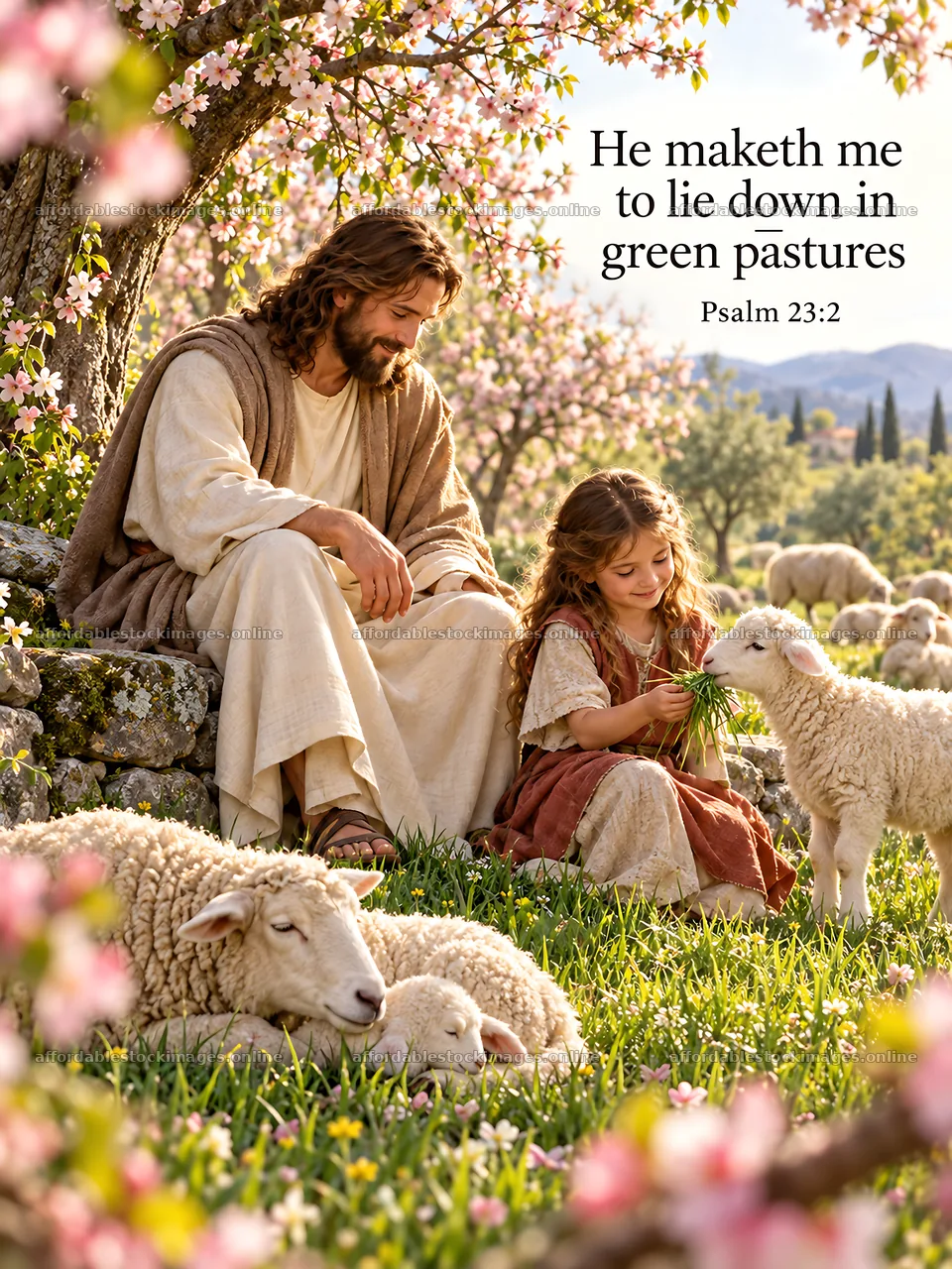 Jesus Christ talking with a girl in a field of sheep – stock images 6708x8945