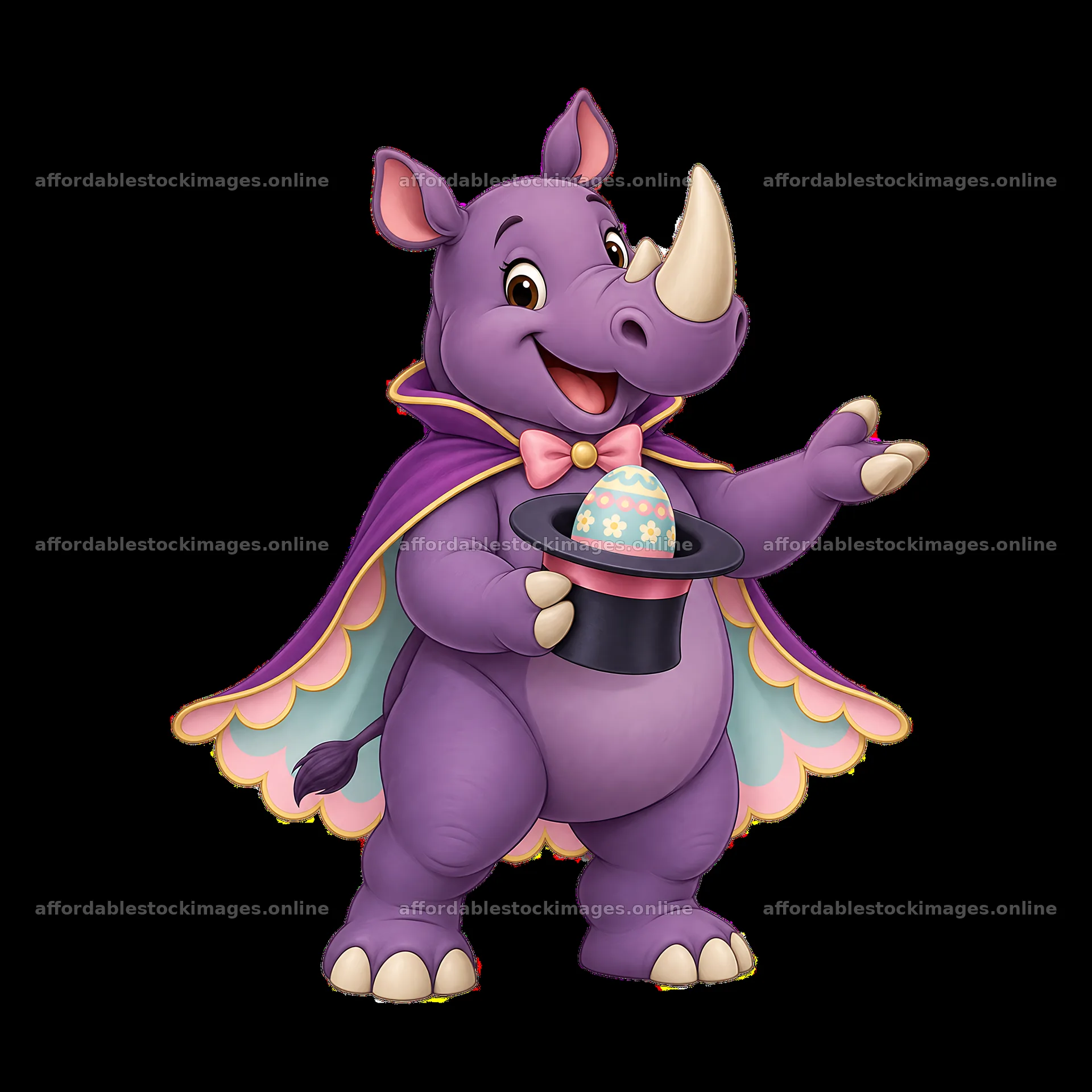 Easter rhinoceros in costume holding a decorated egg – stock images 7746x7746