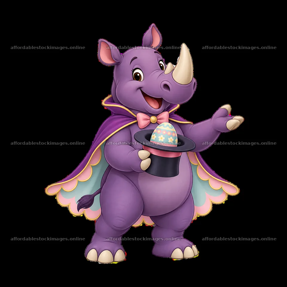 Easter rhinoceros in costume holding a decorated egg – stock images 7746x7746