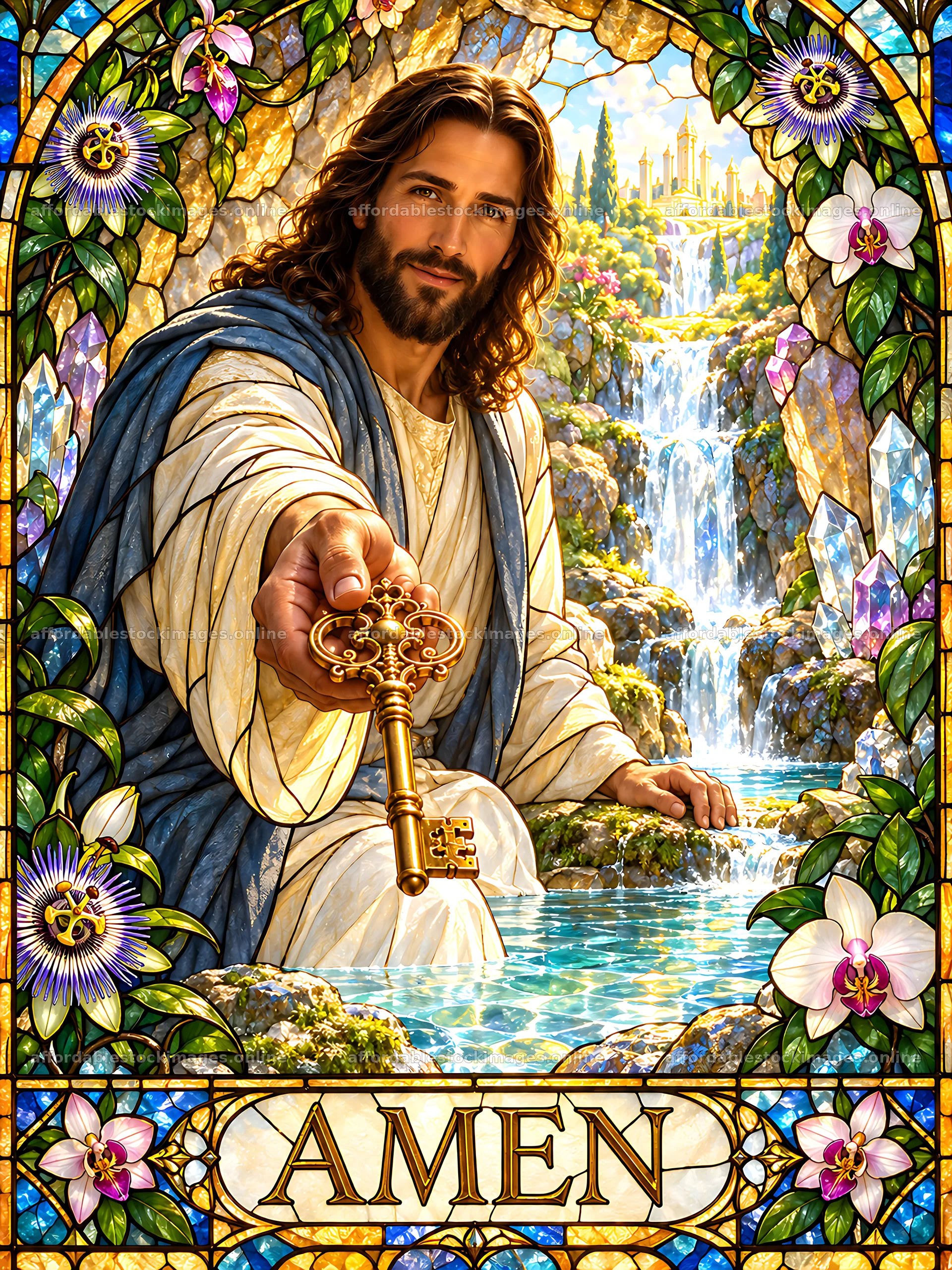 Jesus holds a key in crystal spring setting – stock images 6874x9166