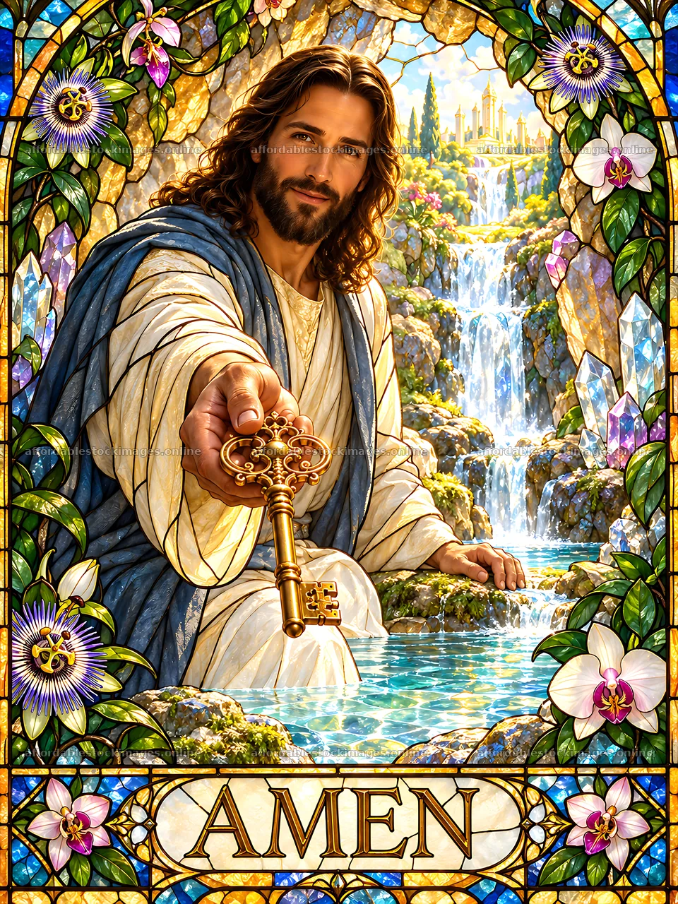 Jesus holds a key in crystal spring setting – stock images 6874x9166