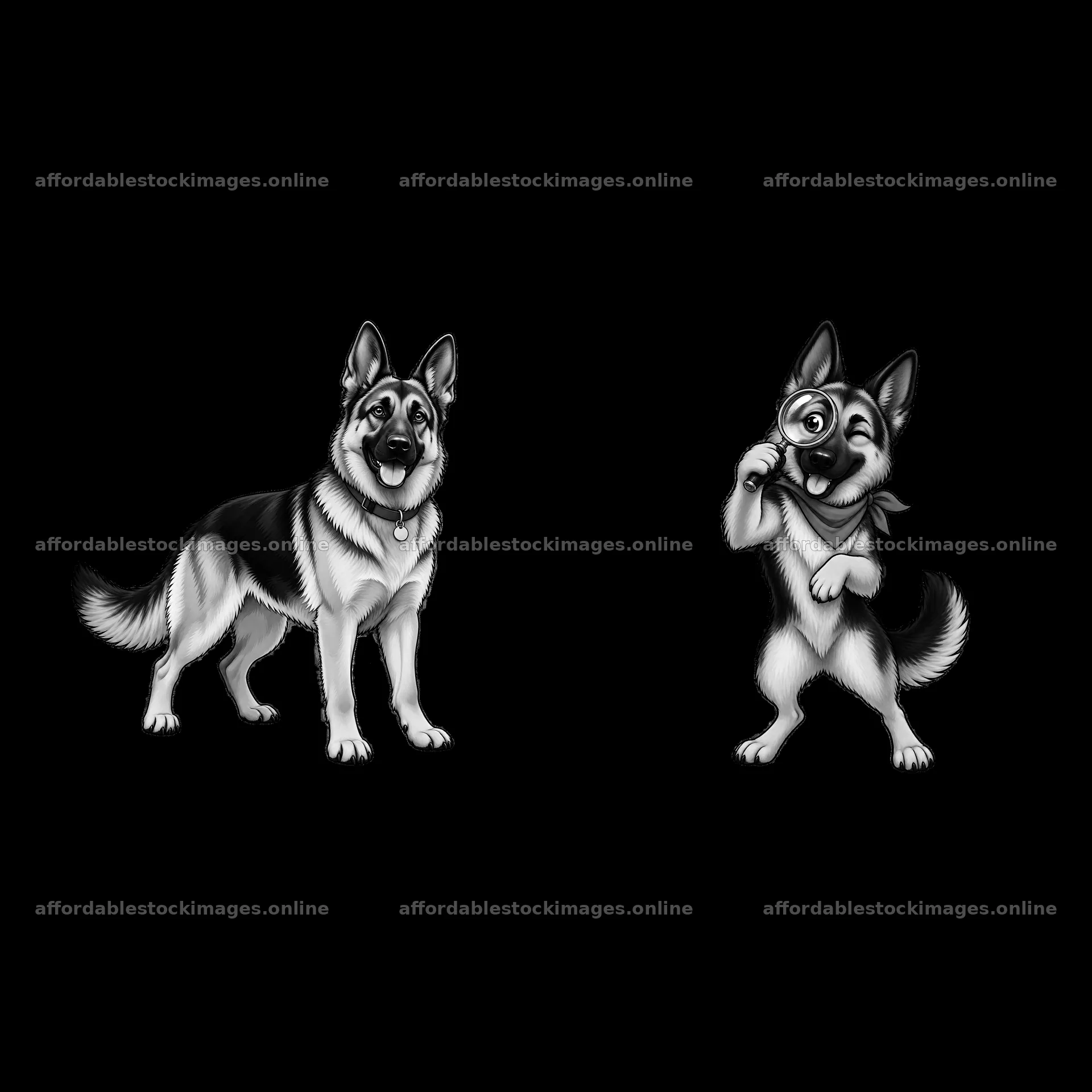 German Shepherd dogs in playful poses with distinct expressions – stock images 7746x7746