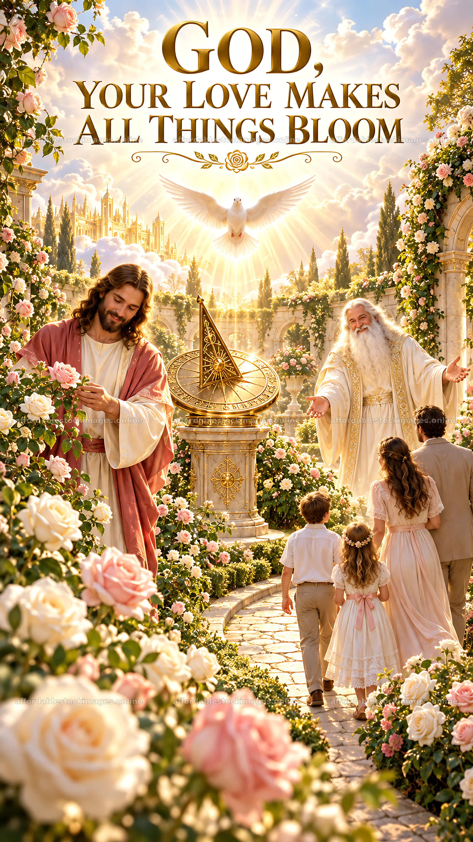 Jesus Christ welcoming people in a blooming garden setting – stock images 5811x10326