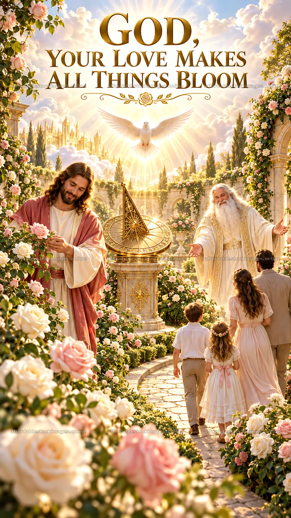 Jesus Christ welcoming people in a blooming garden setting – stock images 5811x10326