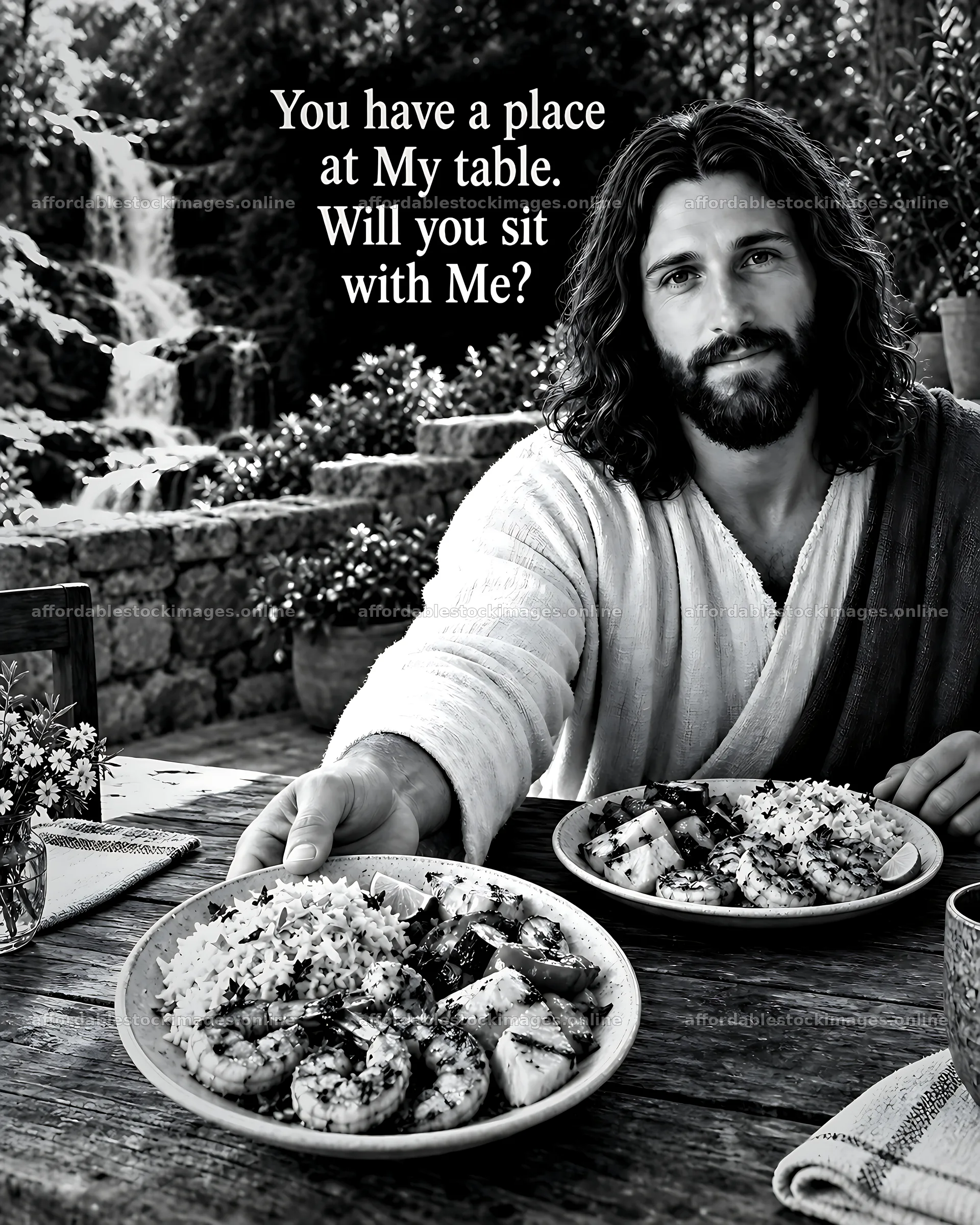Meal by the waterfall with a man at a dining table – stock images 7100x8872