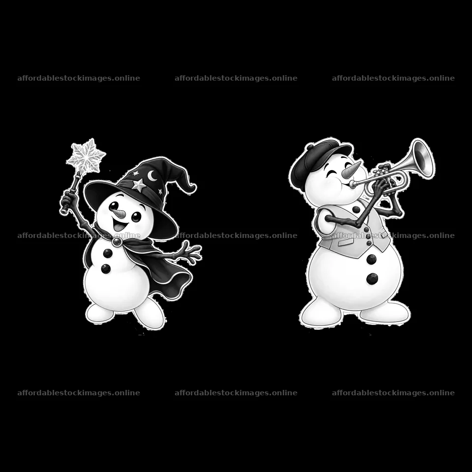 Snowman with wand and snowman playing trumpet in black and white – stock images 7746x7746