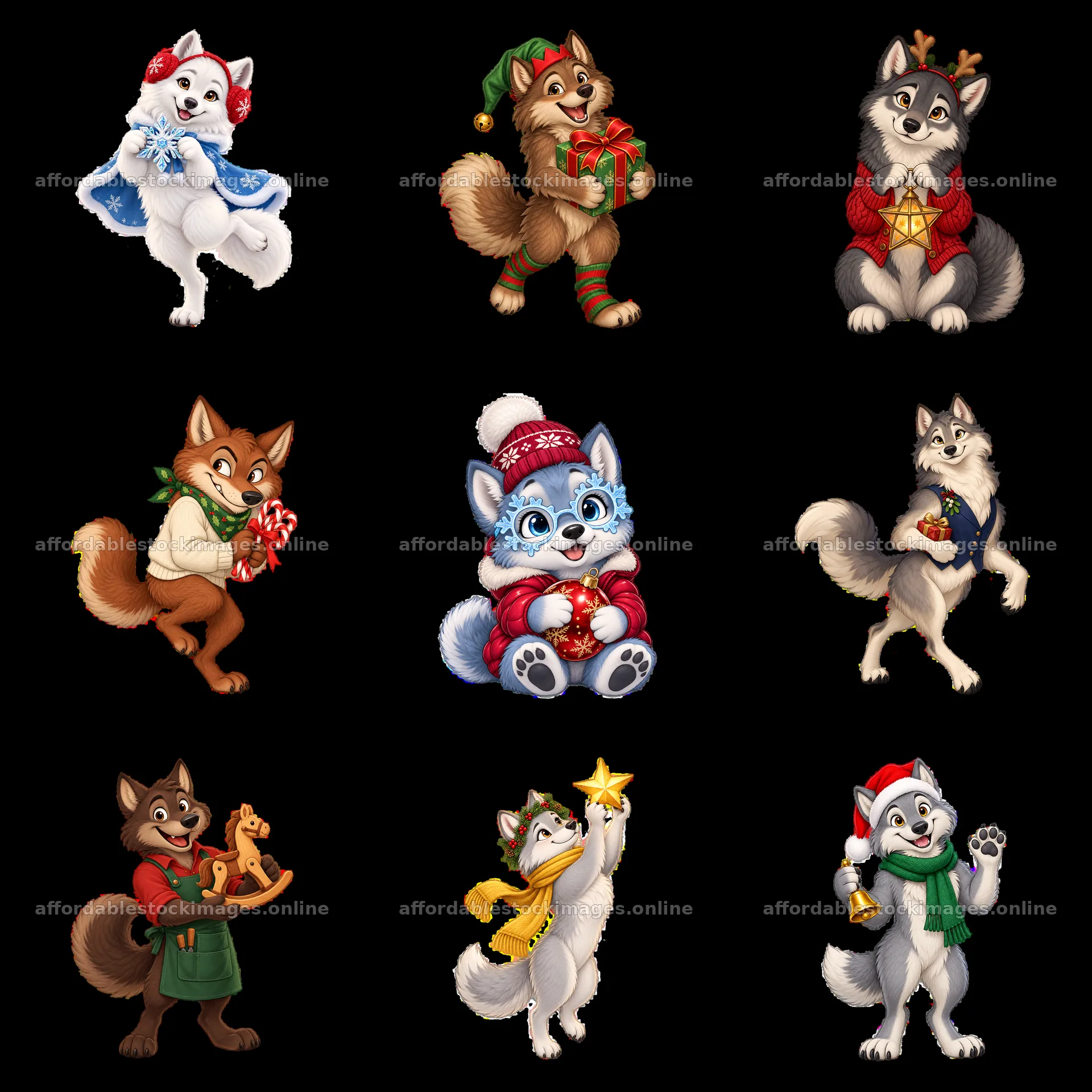 Christmas wolves celebrating with gifts and festive accessories – stock images 7746x7746