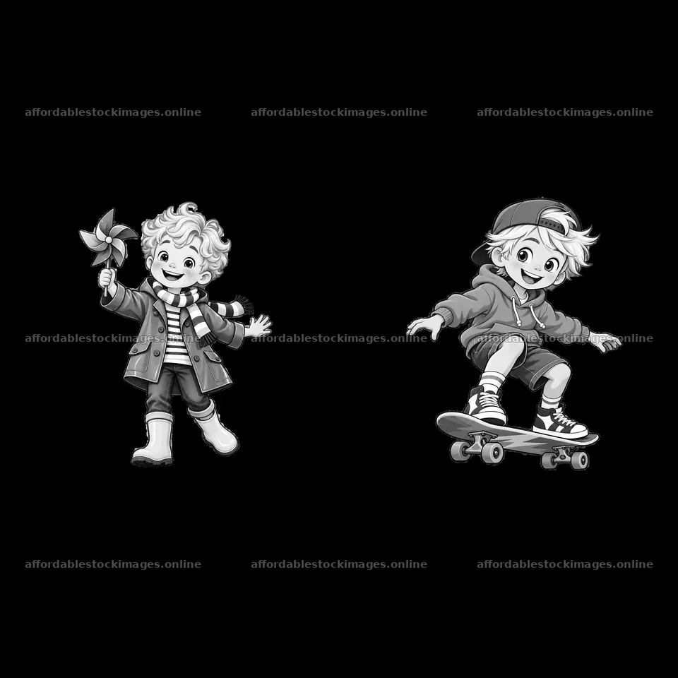 Blond child with pinwheel and another child on skateboard – stock images 7746x7746