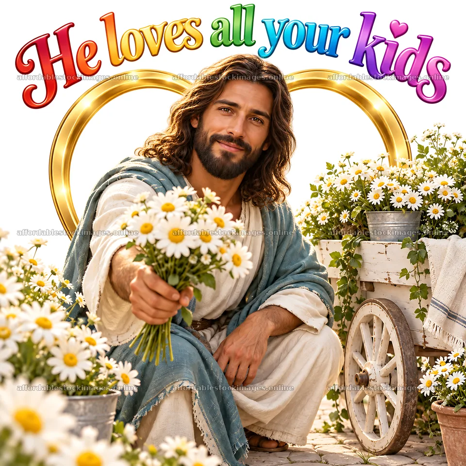 Jesus Christ sharing flowers with children – stock images 7746x7746