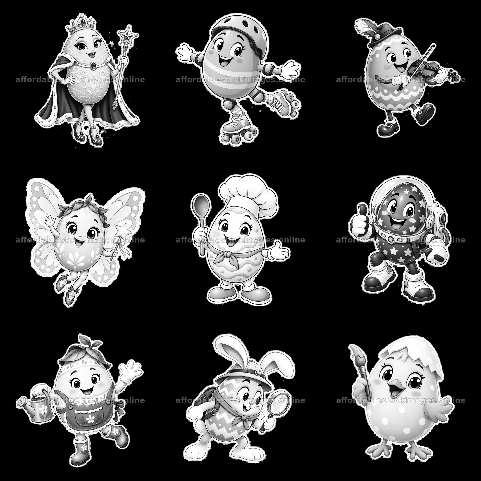Monochrome nine cartoon figure stickers in a square arrangement – stock images 7746x7746