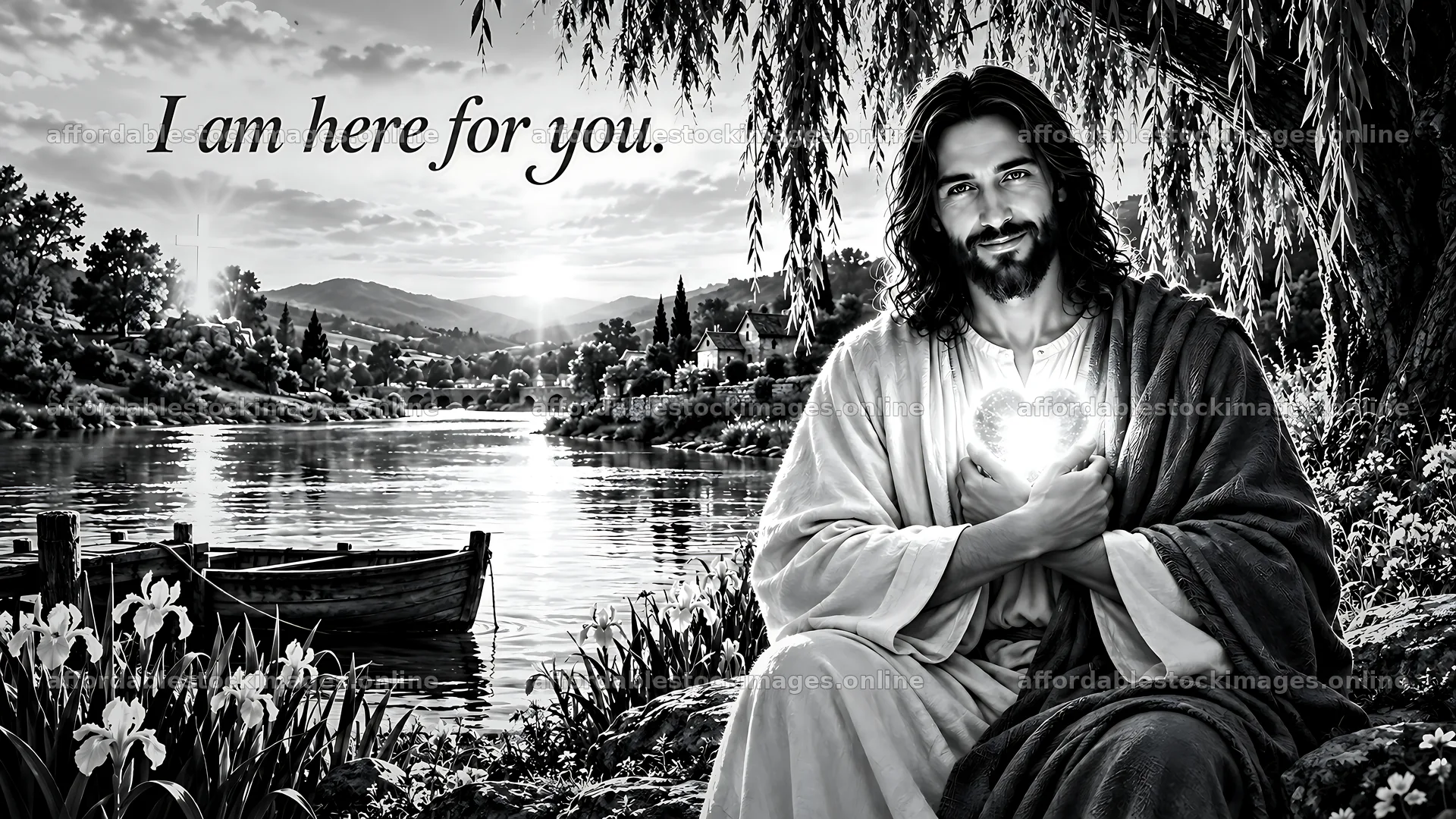 Always here at the river bend with a figure holding a light – stock images 10580x5954