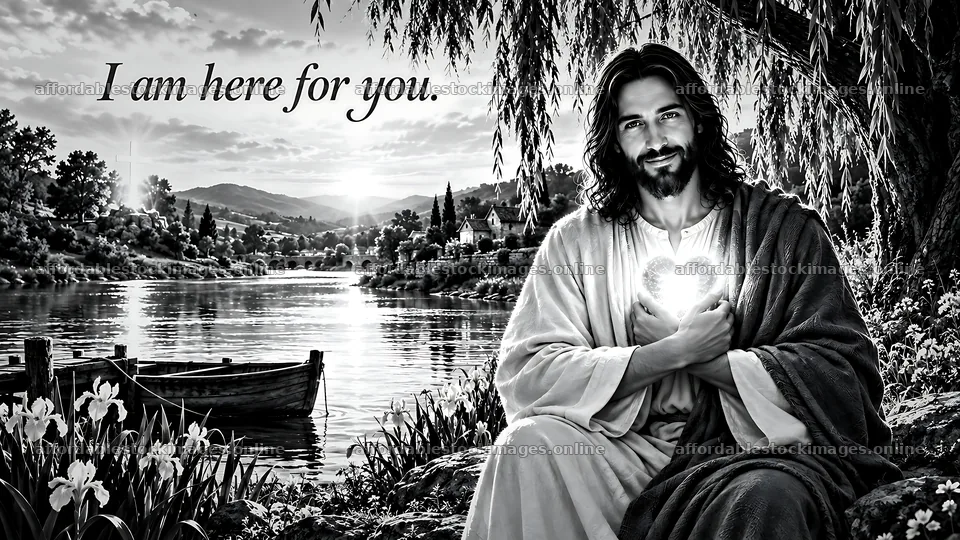 Always here at the river bend with a figure holding a light – stock images 10580x5954