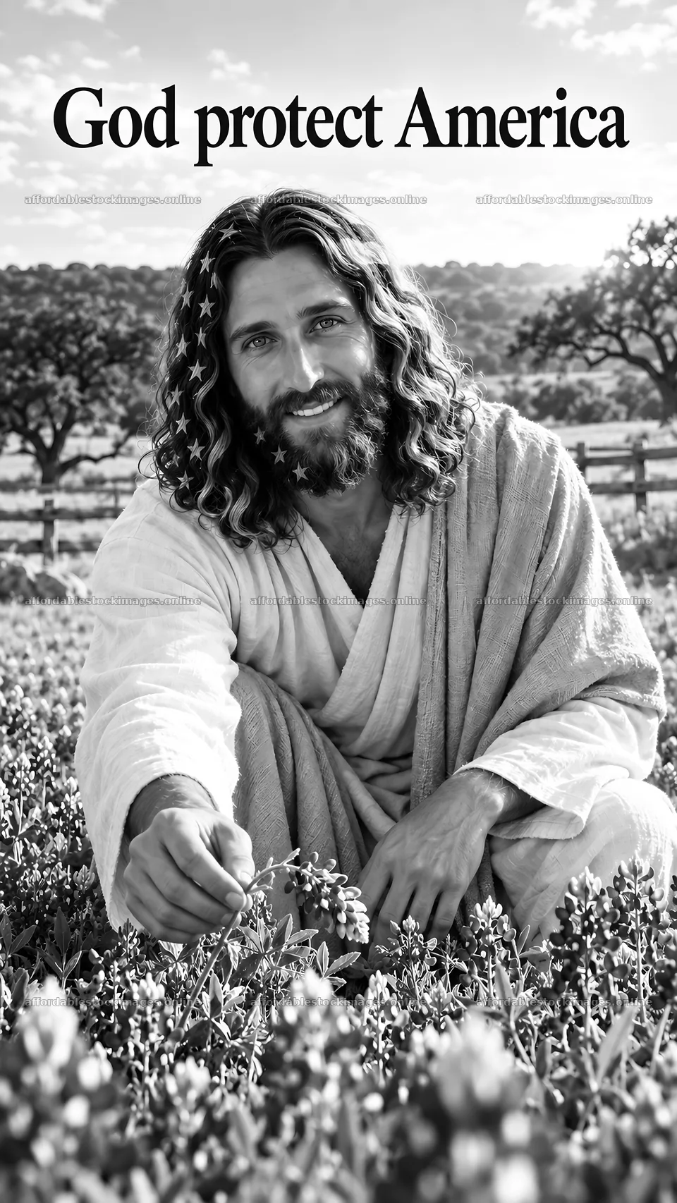 Jesus Christ in a field, spreading love and hope for America – stock images 5811x10326