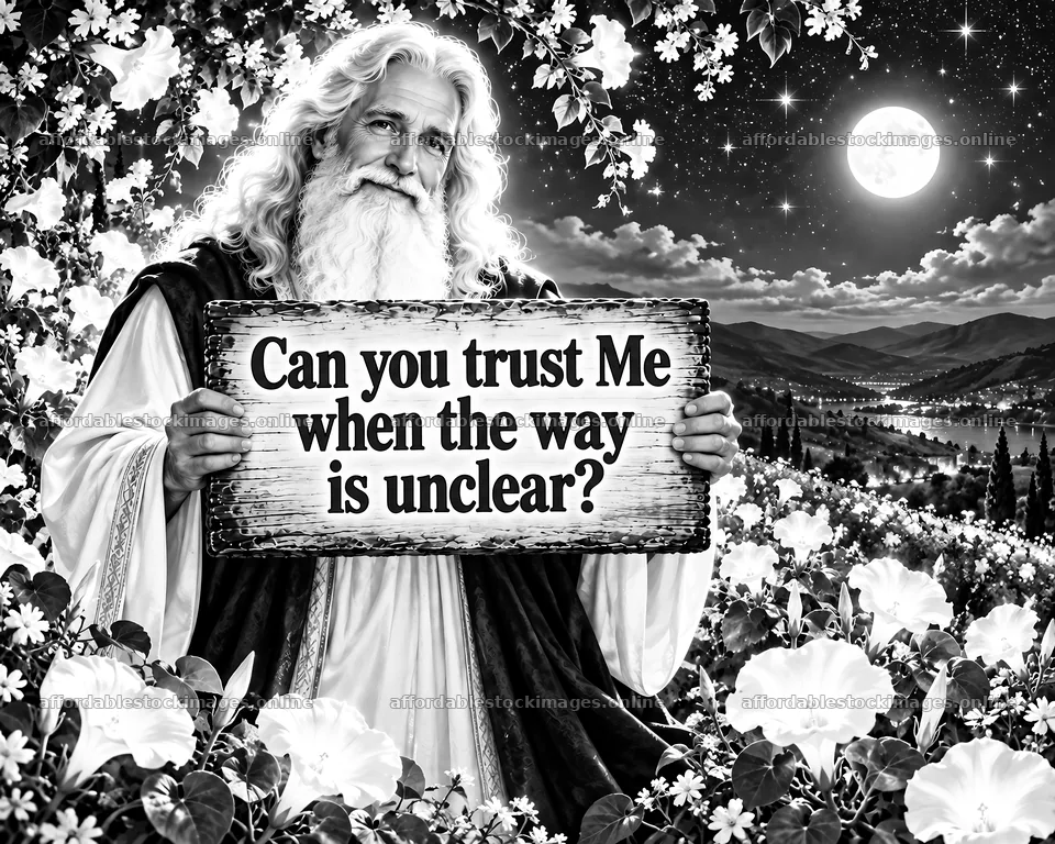 Jesus Christ holding a sign with a trust message in nature – stock images 8659x6930