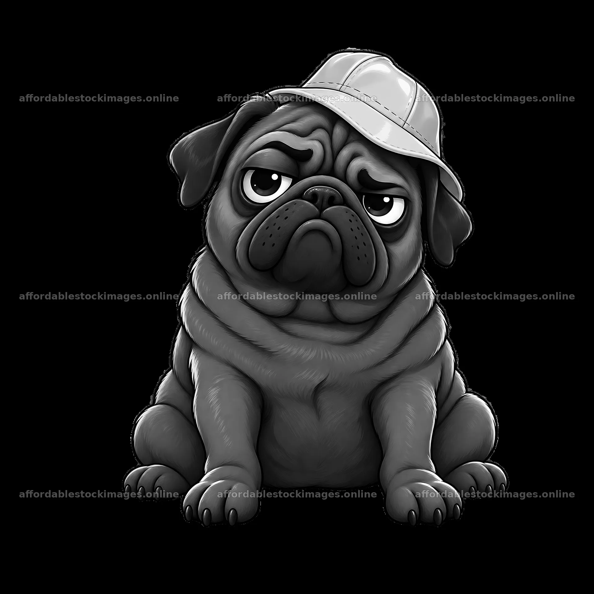 Kawaii grumpy pug dog wearing a cap with a frown – stock images 7746x7746