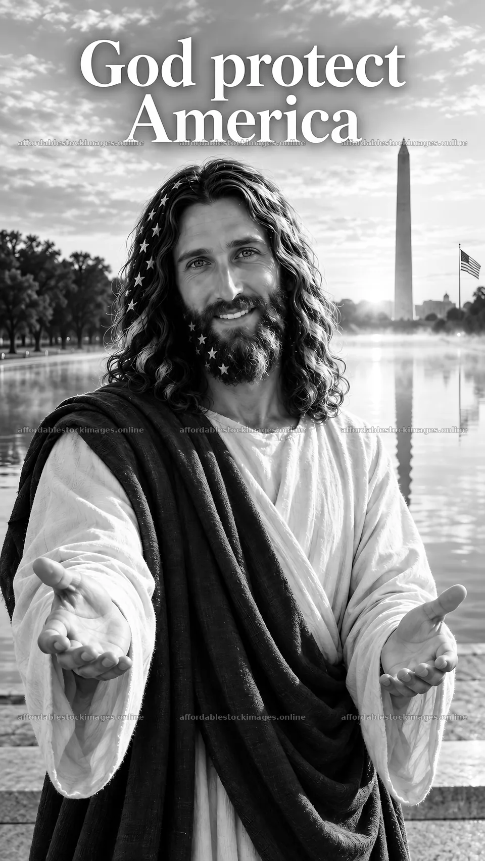 Jesus Christ welcoming with open arms near the Washington – stock images 5811x10326