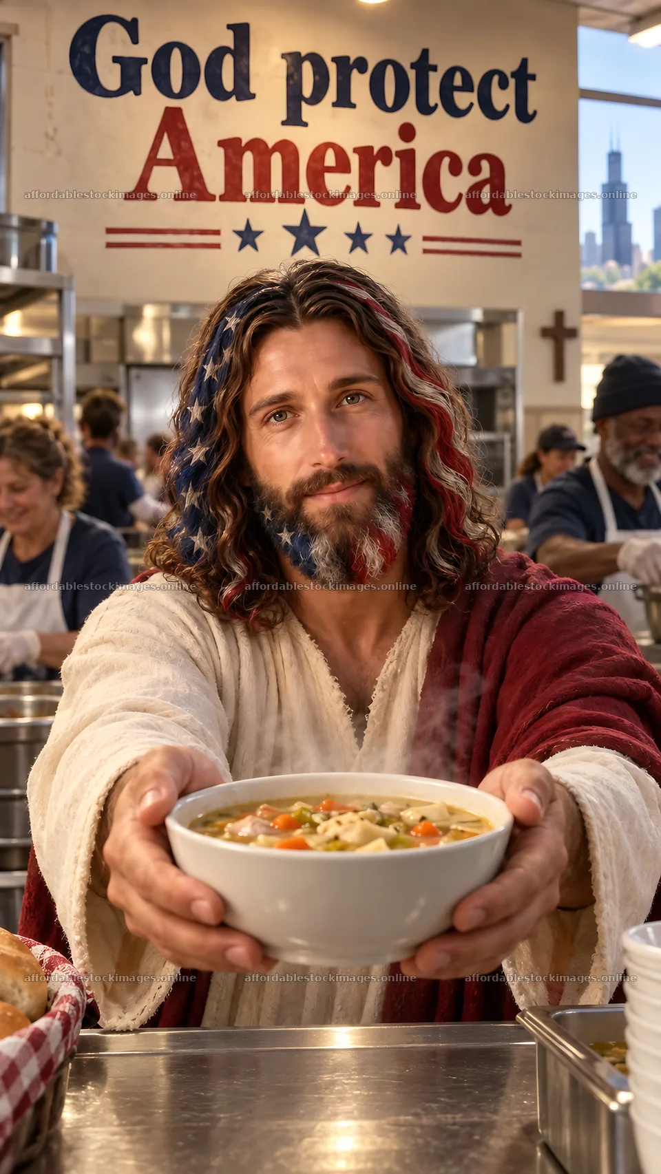 Jesus Christ serving food in a community kitchen – stock images 5811x10326