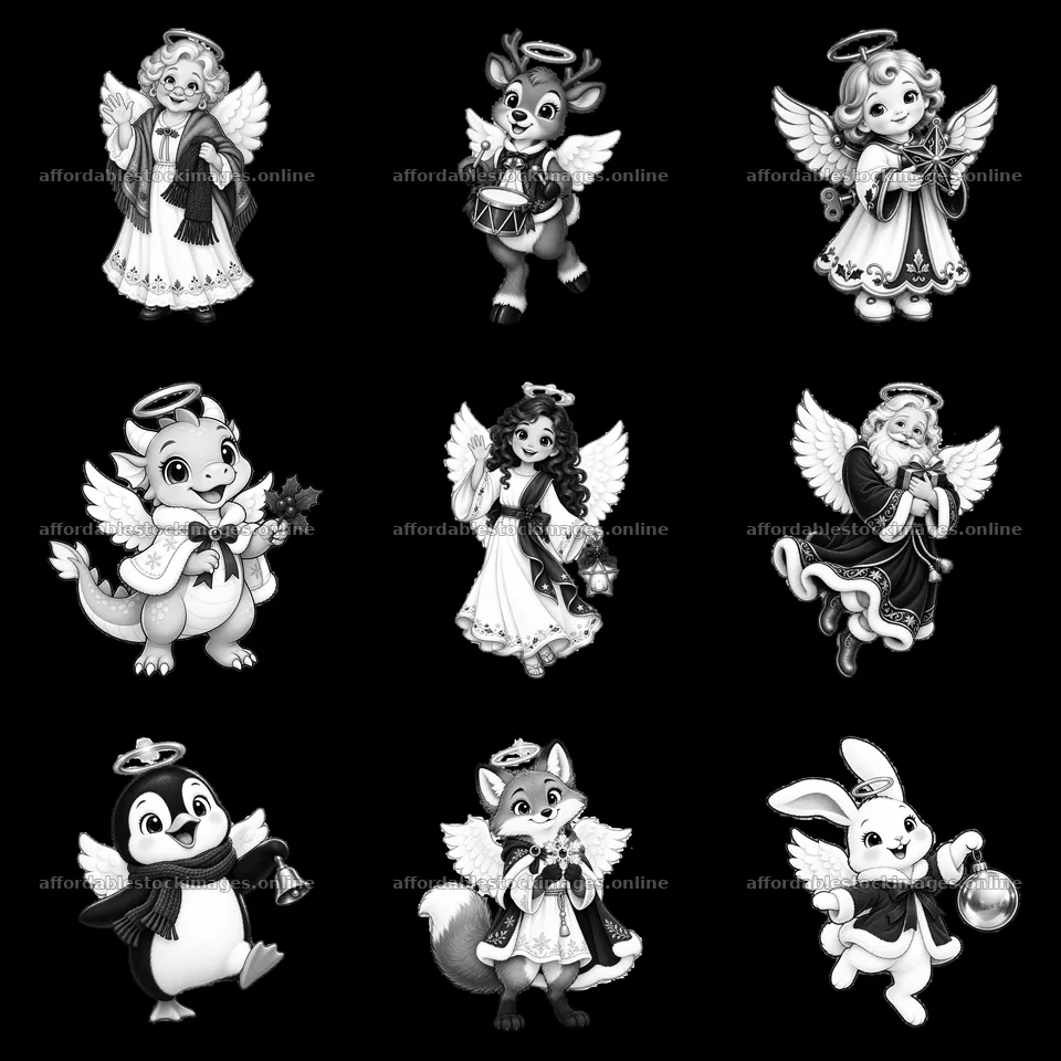 Christmas angels and festive characters in a grid layout – stock images 7746x7746