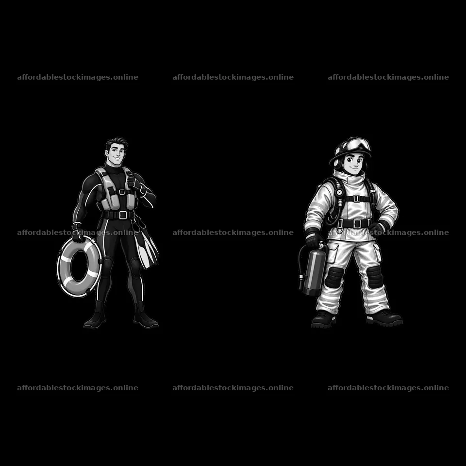 Two cartoon characters in rescue and firefighter outfits – stock images 7746x7746