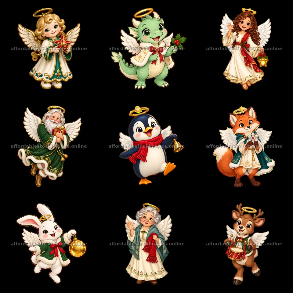 Cartoon angels and animals celebrating Christmas in a 3x3 layout – stock images 7746x7746