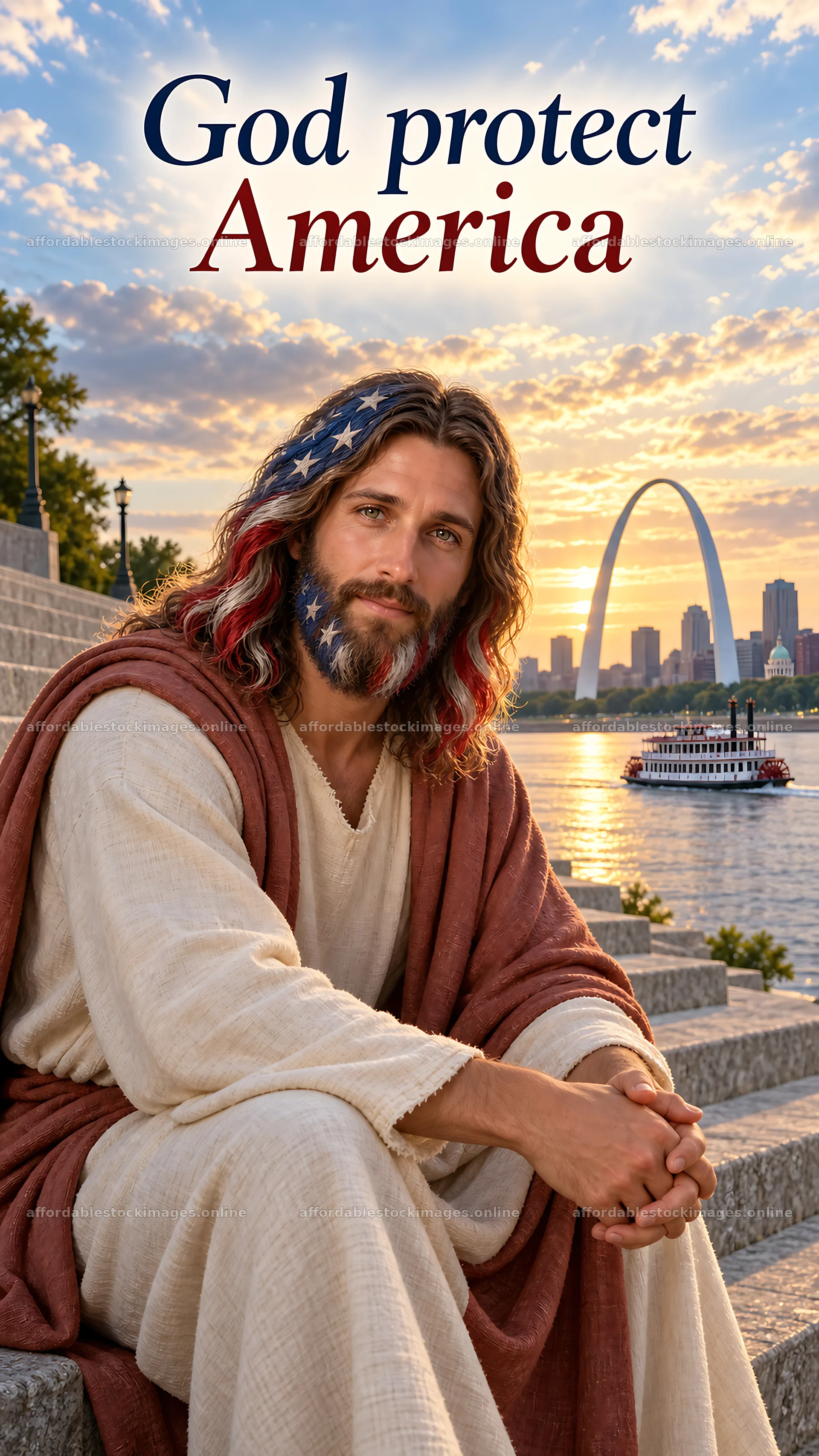 Jesus Christ sitting by the river with a scenic view of the city – stock images 5811x10326