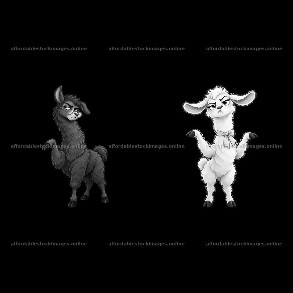 Grumpy llama and sheep showing discontent in humorous pose – stock images 7746x7746