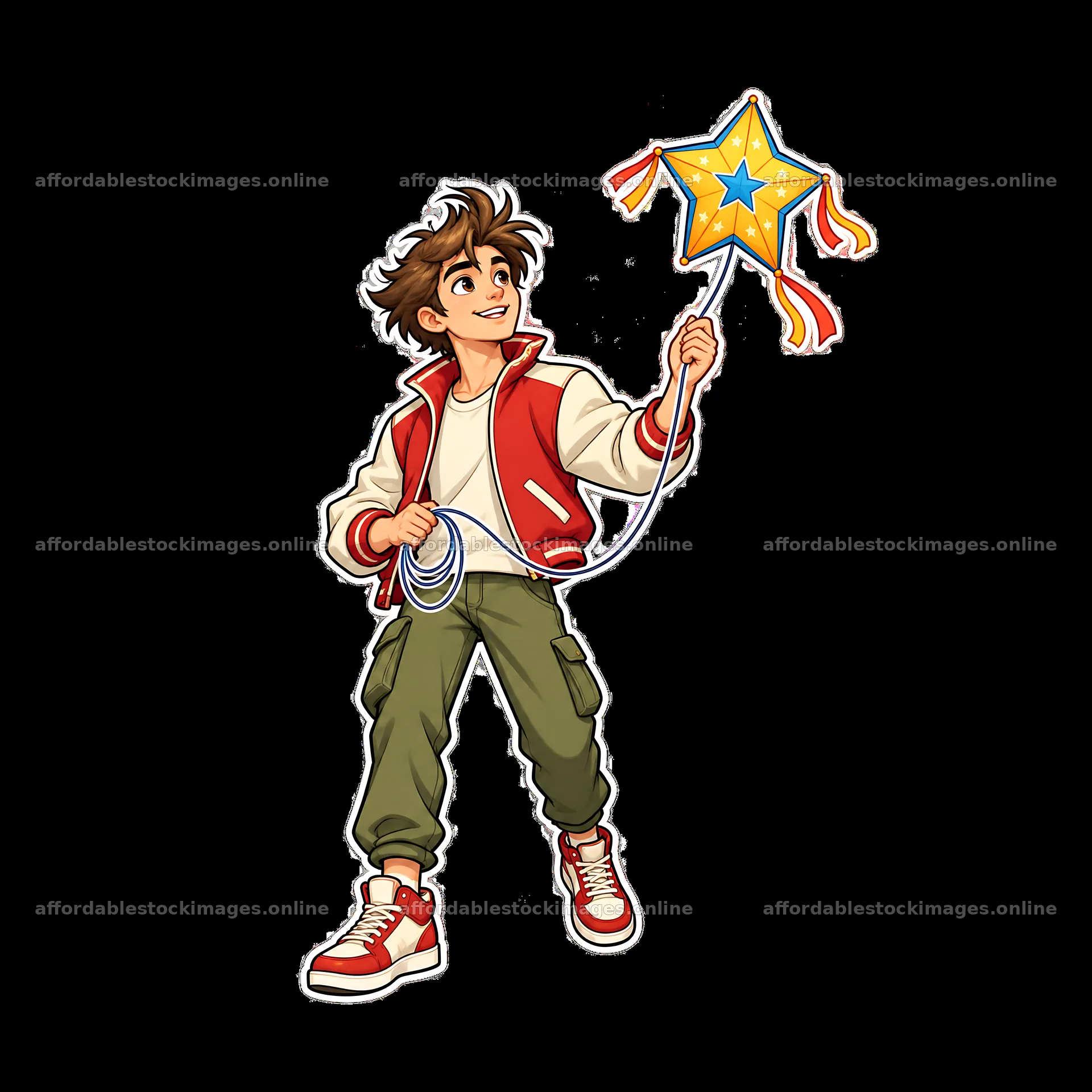 Boy holding a star-shaped kite with colorful ribbons – stock images 7746x7746