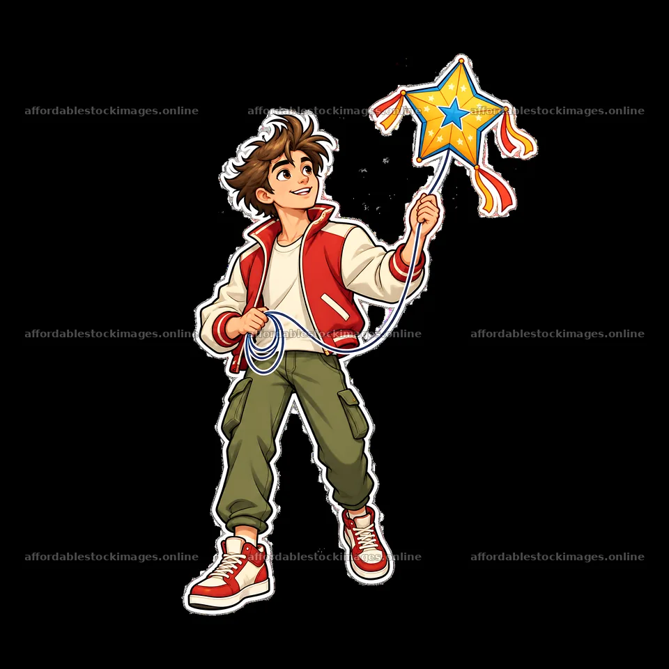 Boy holding a star-shaped kite with colorful ribbons – stock images 7746x7746