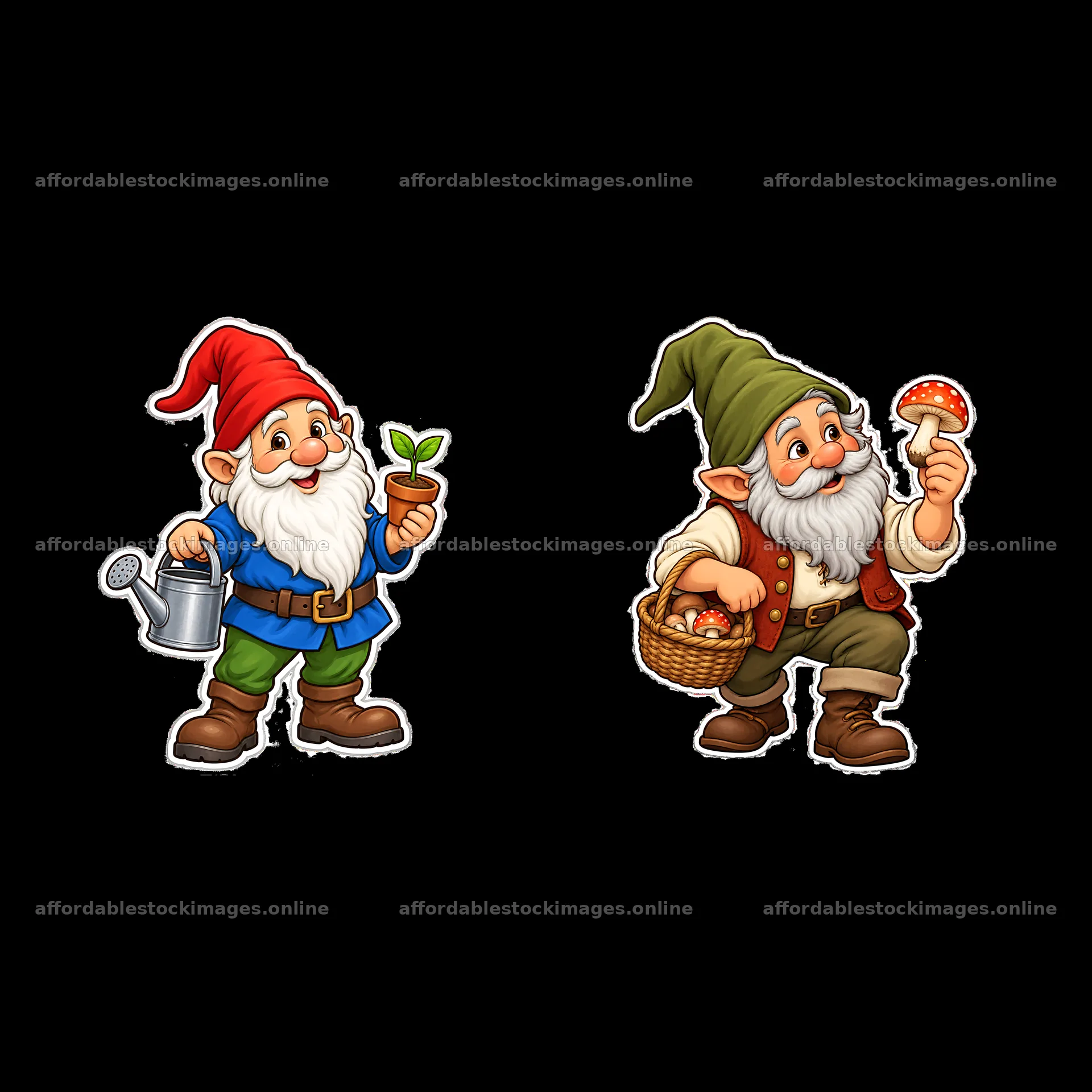 Gnomes with plants and mushrooms in a cartoon sticker style – stock images 7746x7746