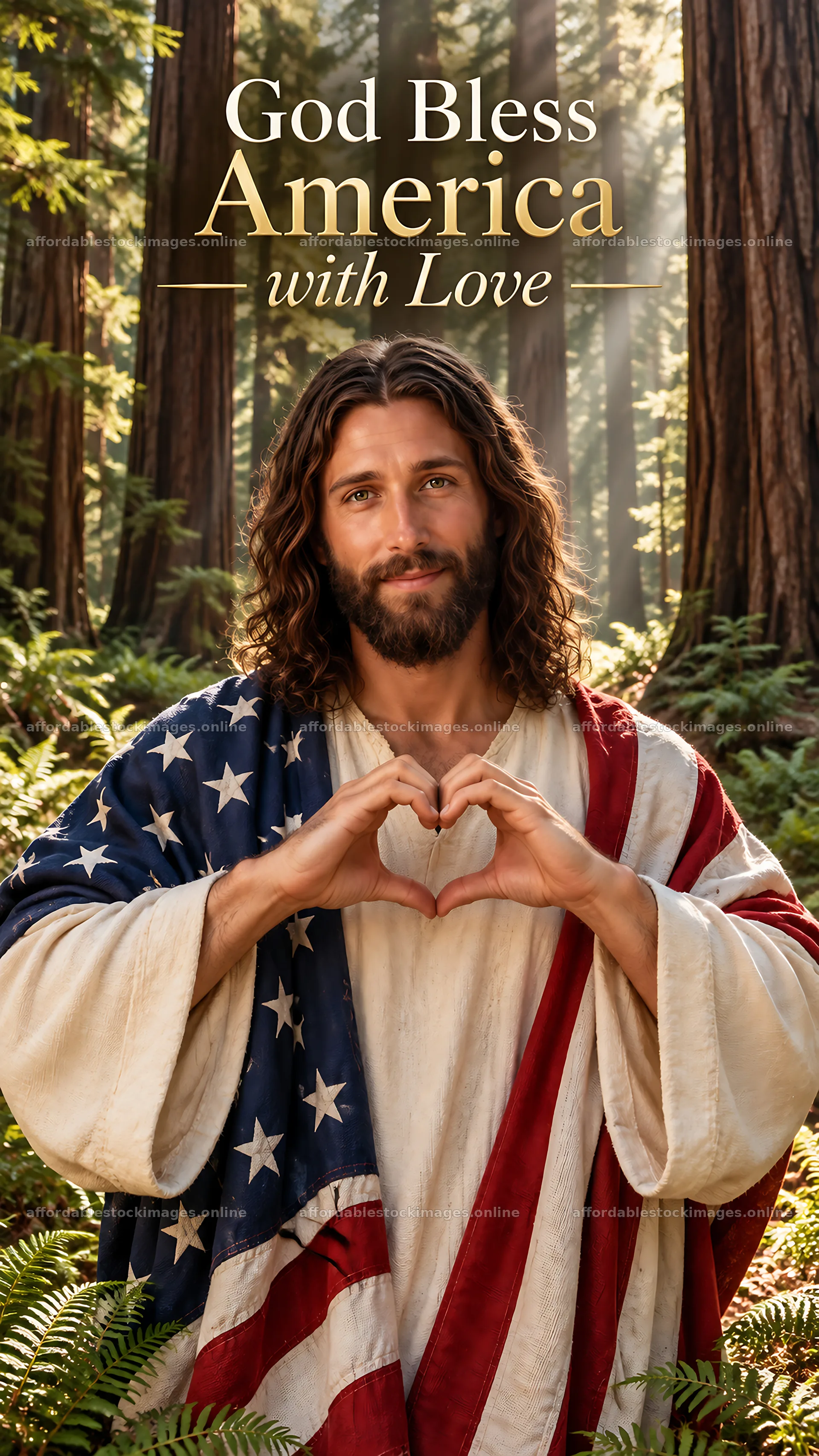 Jesus Christ making a heart shape with his hands in nature – stock images 5811x10326