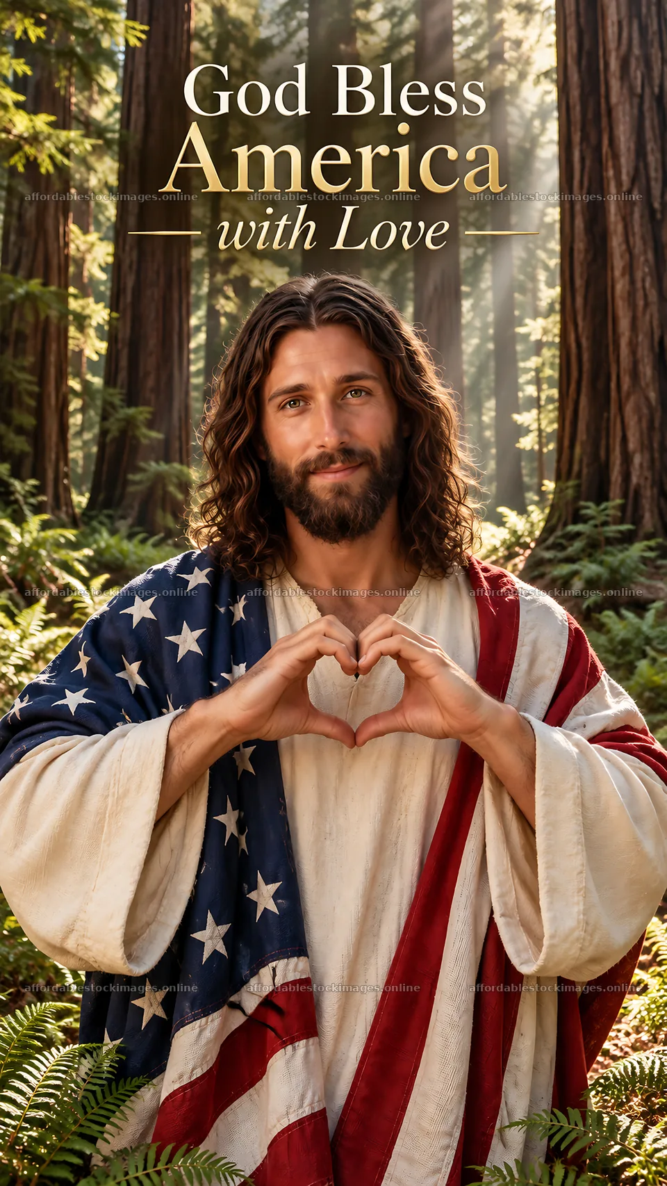 Jesus Christ making a heart shape with his hands in nature – stock images 5811x10326