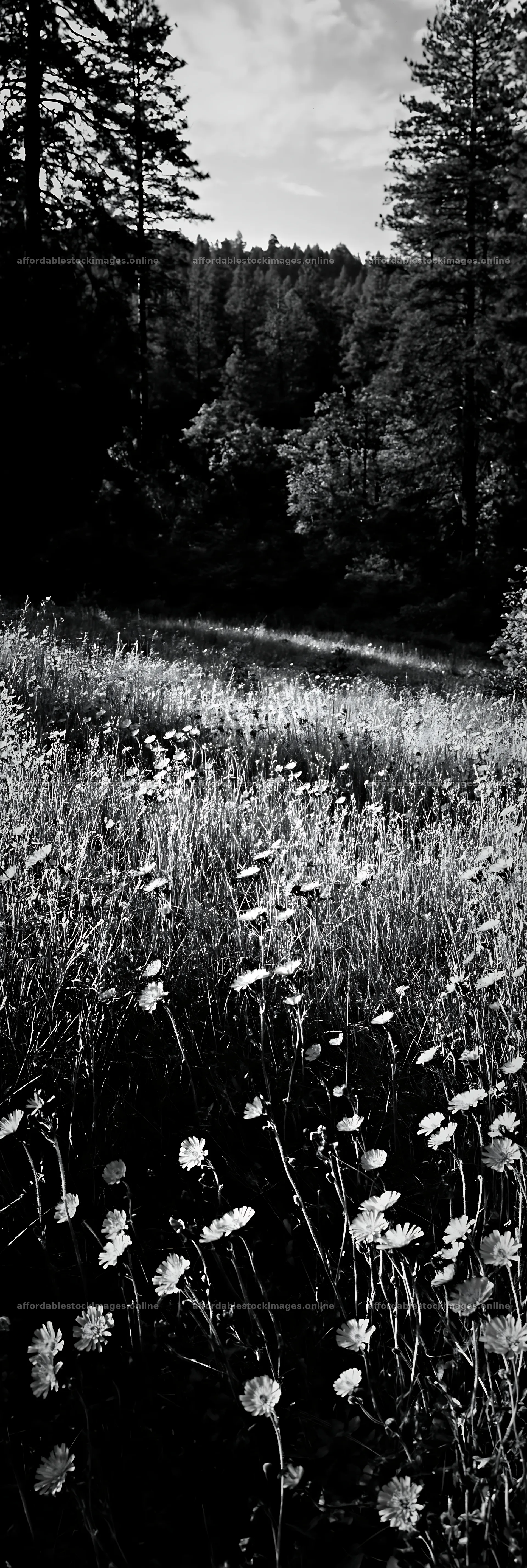 Wildflower meadow in forest opening during daytime – stock images 4602x13690