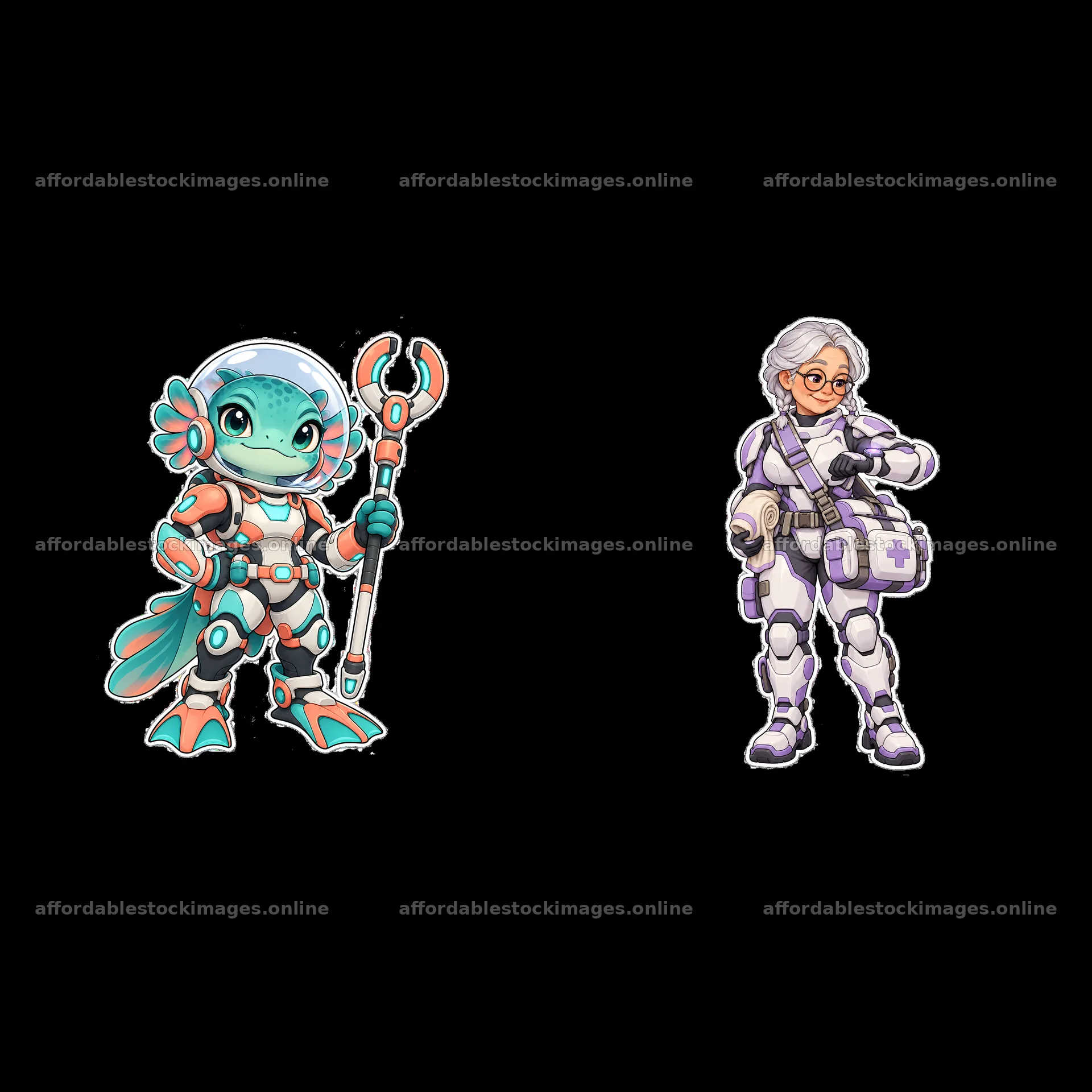 Kawaii futuristic super-soldier characters in vibrant colors – stock images 7746x7746