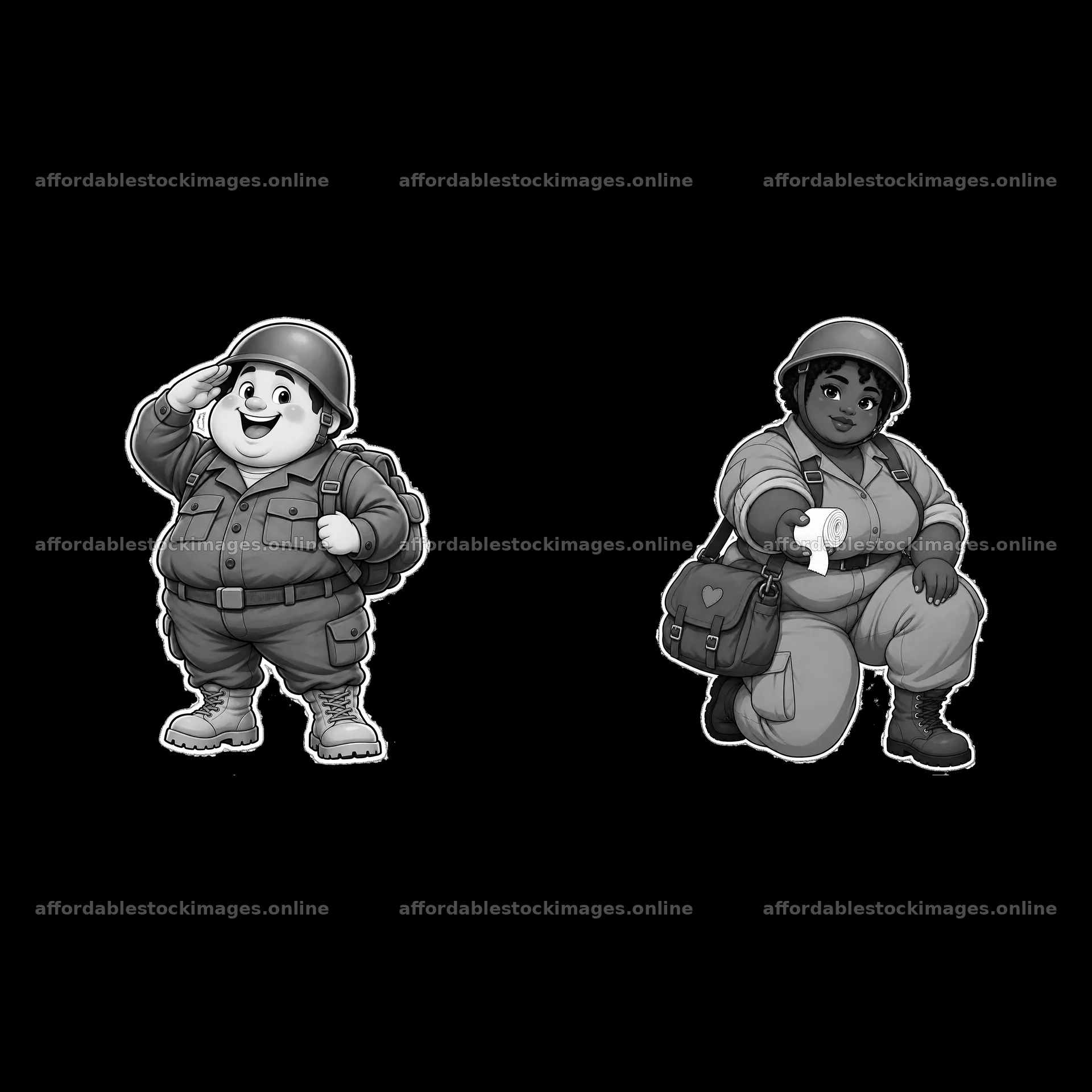 Cute chubby soldier duo saluting and holding a water bottle – stock images 7746x7746
