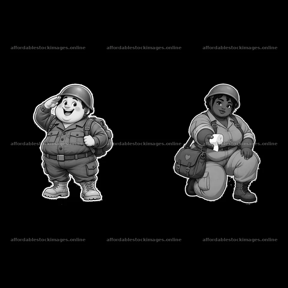 Cute chubby soldier duo saluting and holding a water bottle – stock images 7746x7746