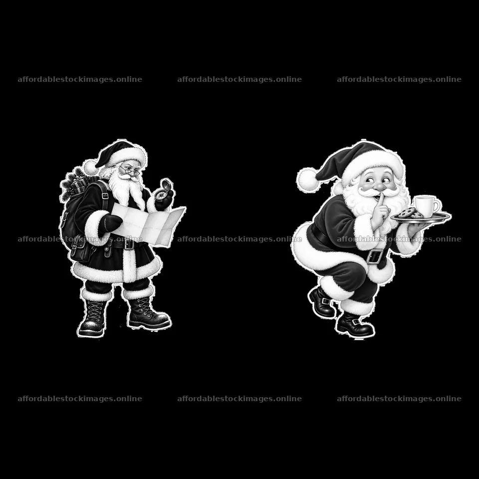 Santa Claus with map and Santa Claus holding cookies and milk – stock images 7746x7746