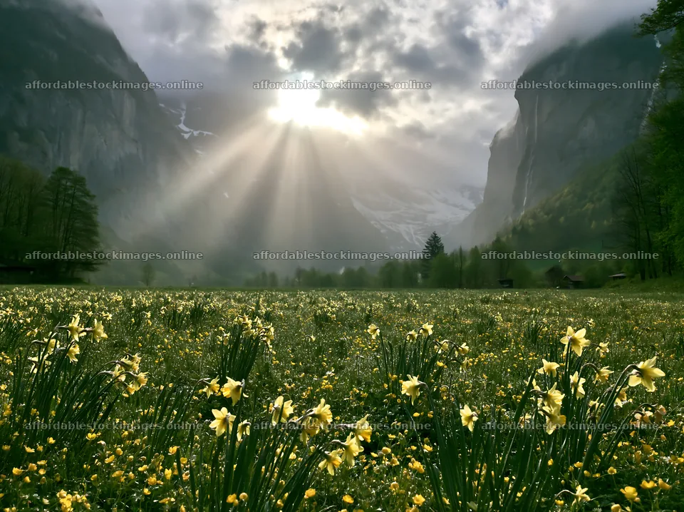 Lauterbrunnen Valley meadow light rays show flowers in the – stock images 9174x6866