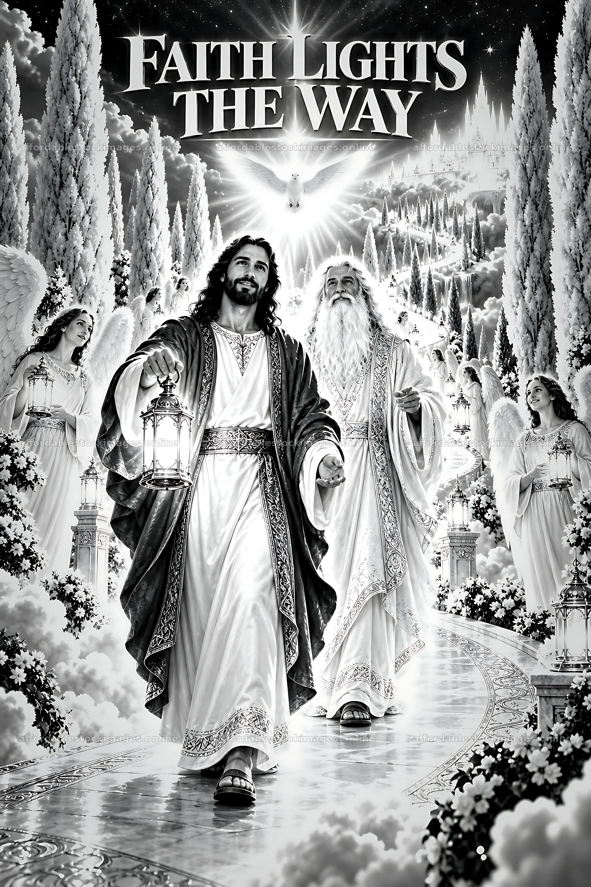 Faith lights the way with figures and angels in a pathway – stock images 6480x9722