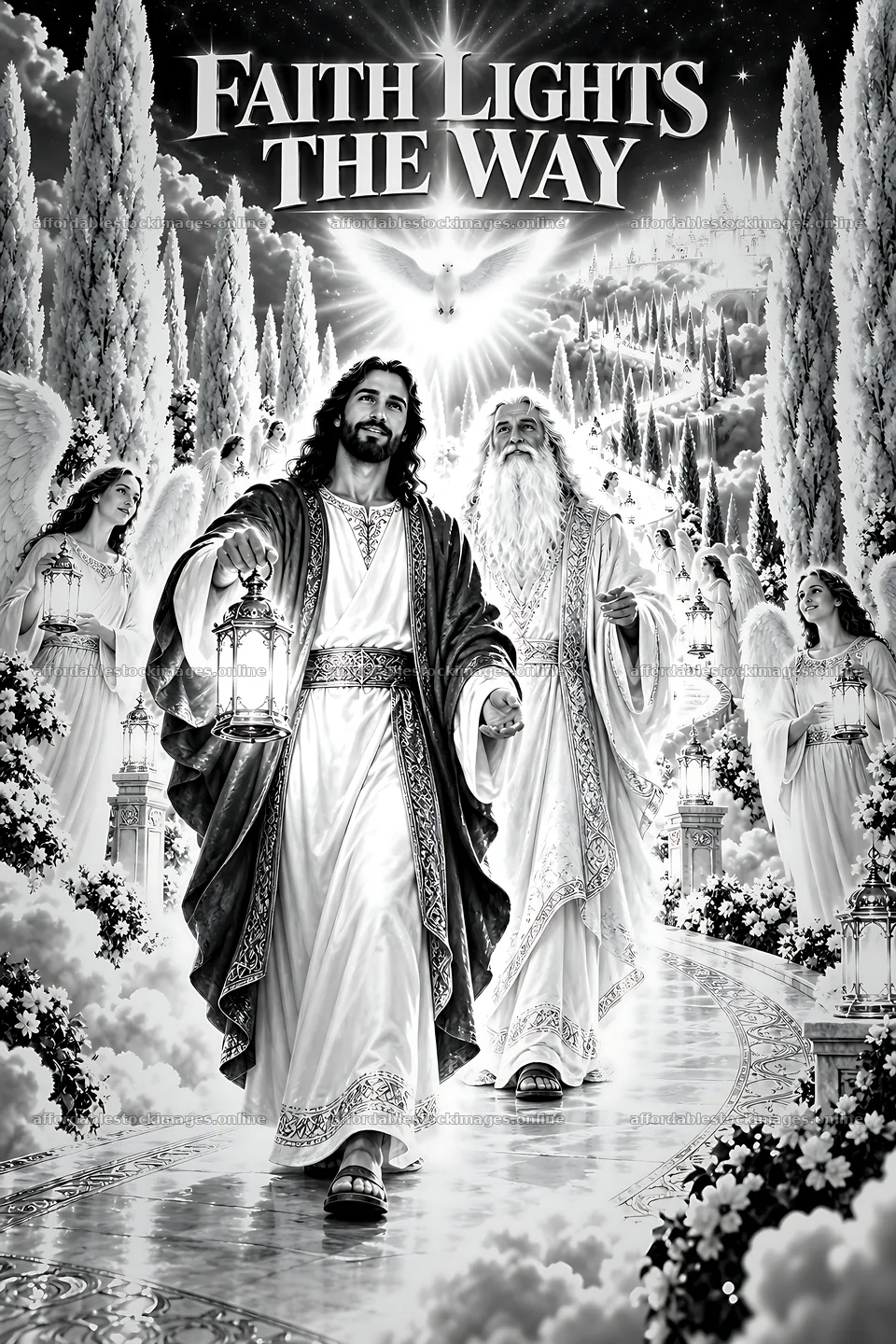 Faith lights the way with figures and angels in a pathway – stock images 6480x9722