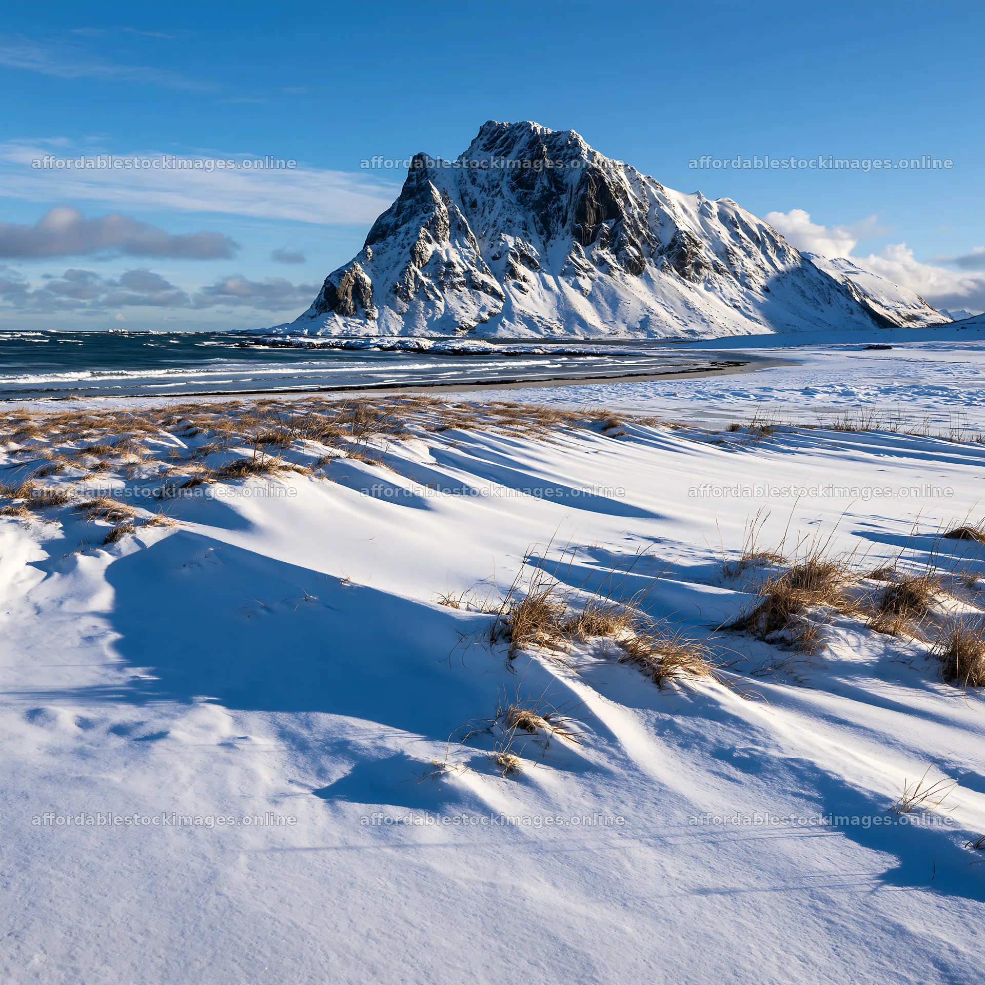 Lofoten coastal meadow covered in winter snow – stock images 7938x7938