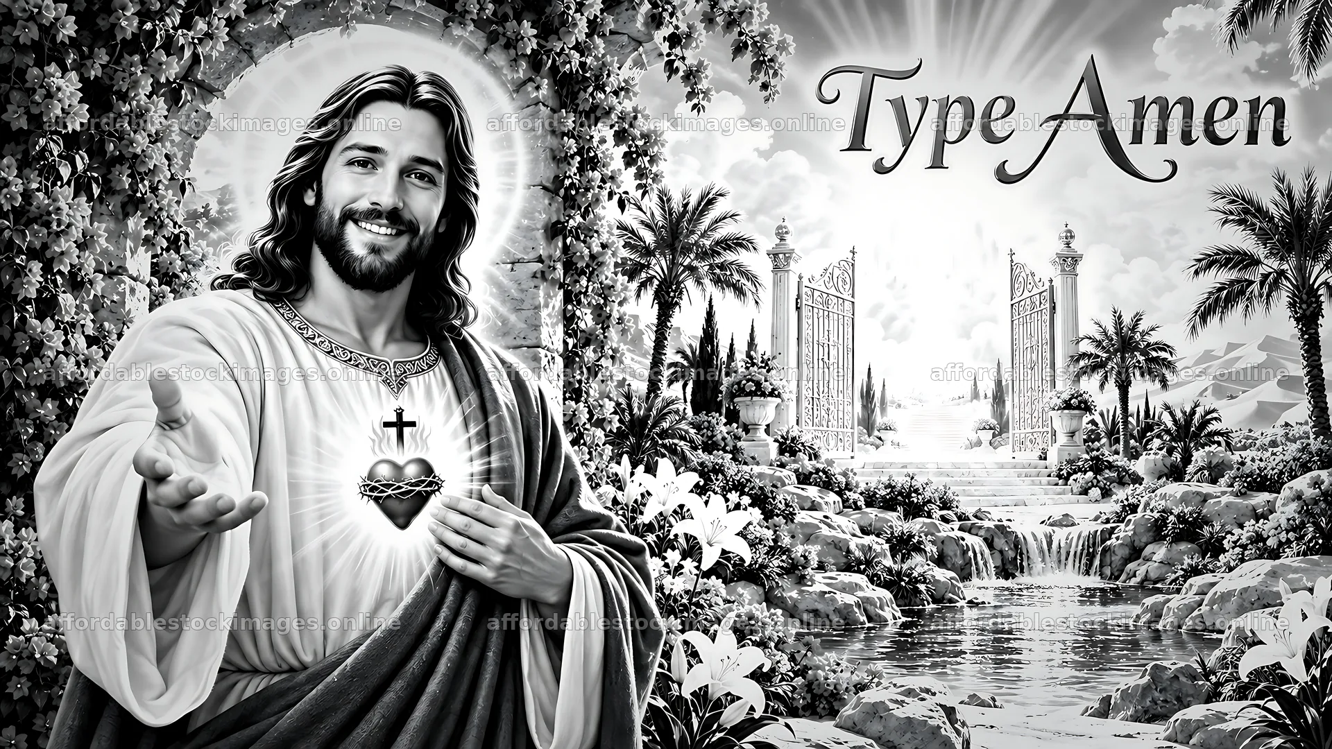 Jesus offering open hand in a serene landscape – stock images 10580x5954