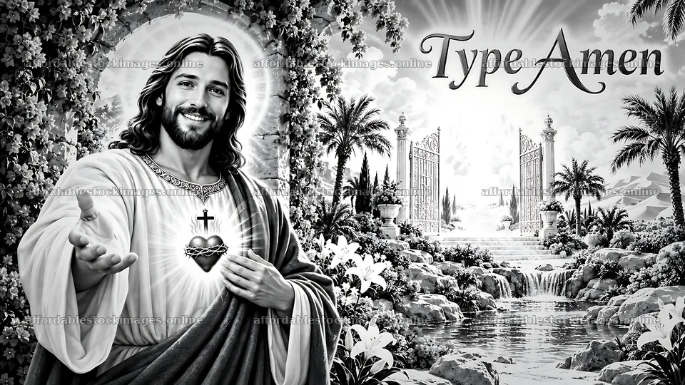Jesus offering open hand in a serene landscape – stock images 10580x5954